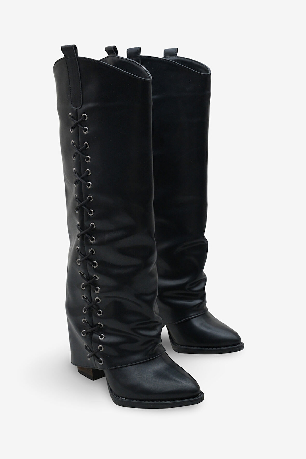 Kadın Bağcık Detaylı Sivri Burun Günlük Çizme Holdes Siyah