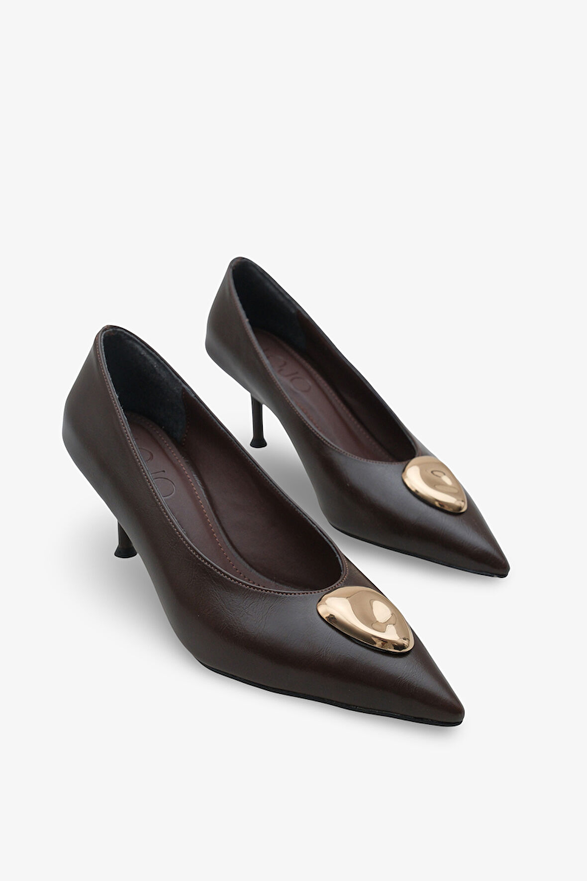 Kadın Sivri Burun Gold Tokalı Günlük Topuklu Stiletto Peris Kahve