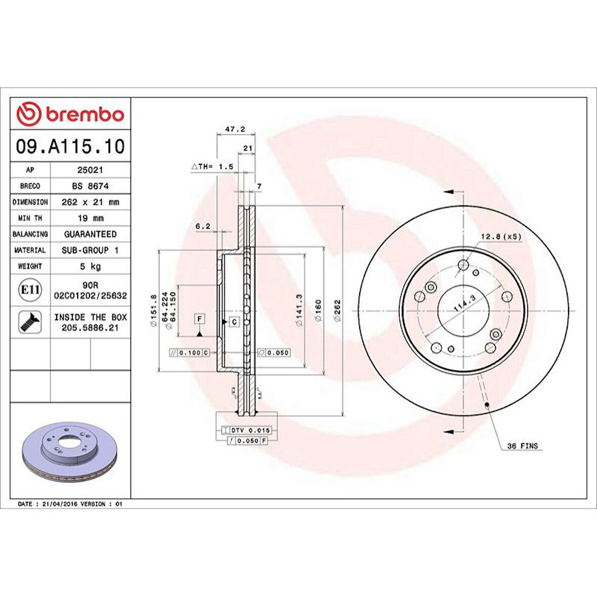FREN DISKI ON HAVALI HONDA CIVIC HATCHBACK 1.4 / 1.6 2000-2006 CRZ1.5 HIBRID 11-/ 262×5
