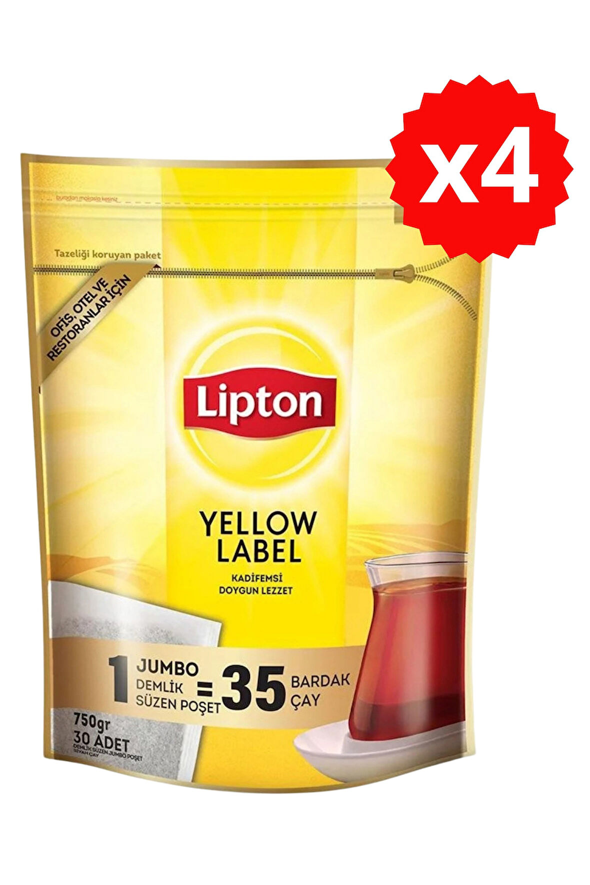 Lipton Yellow Label Jumbo Demlik Poşet Çay 30'lu x 25 gr x 4 Adet