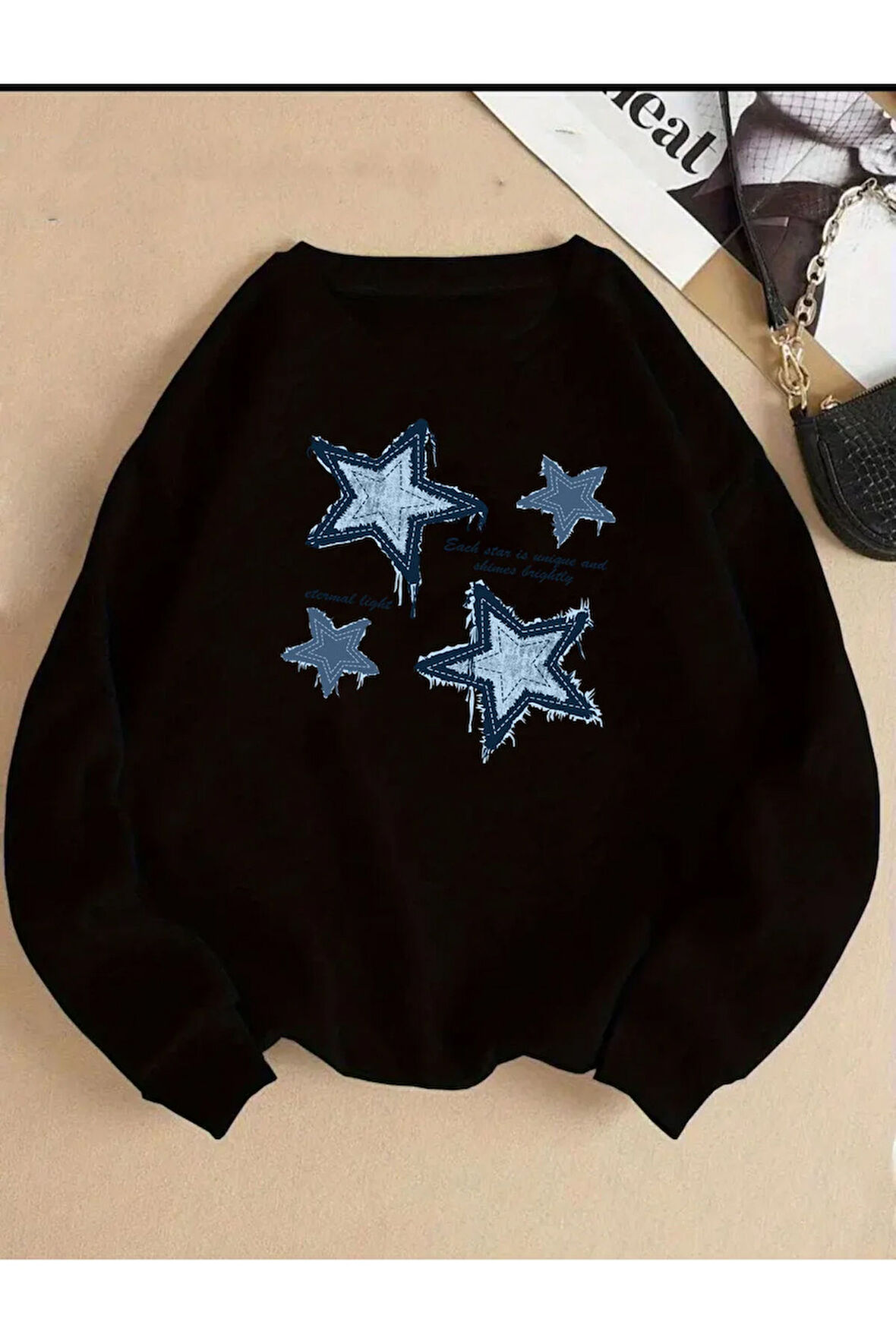 Yıldız Baskı Detaylı Bisiklet Yaka İçi Polarlı Sweatshirt