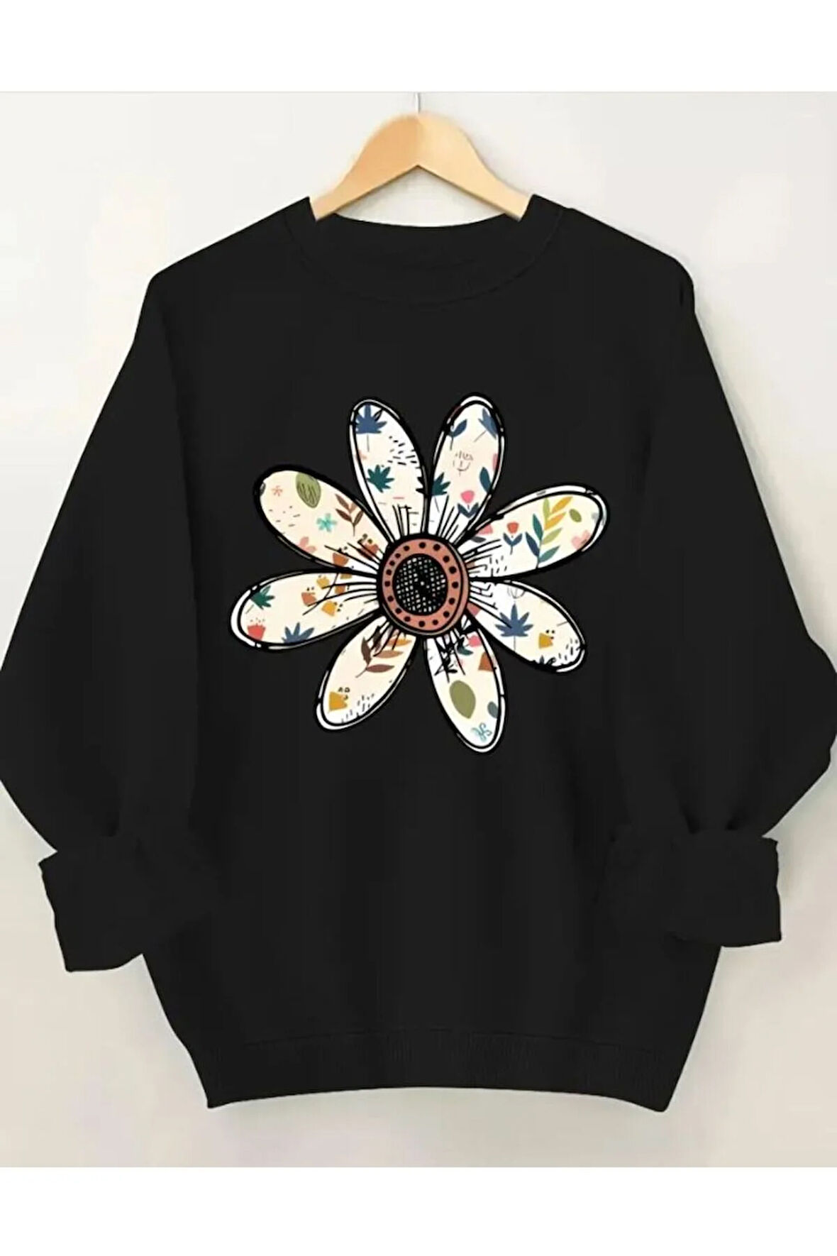 Çiçek Baskı Detaylı Bisiklet Yaka İçi Polarlı Sweatshirt