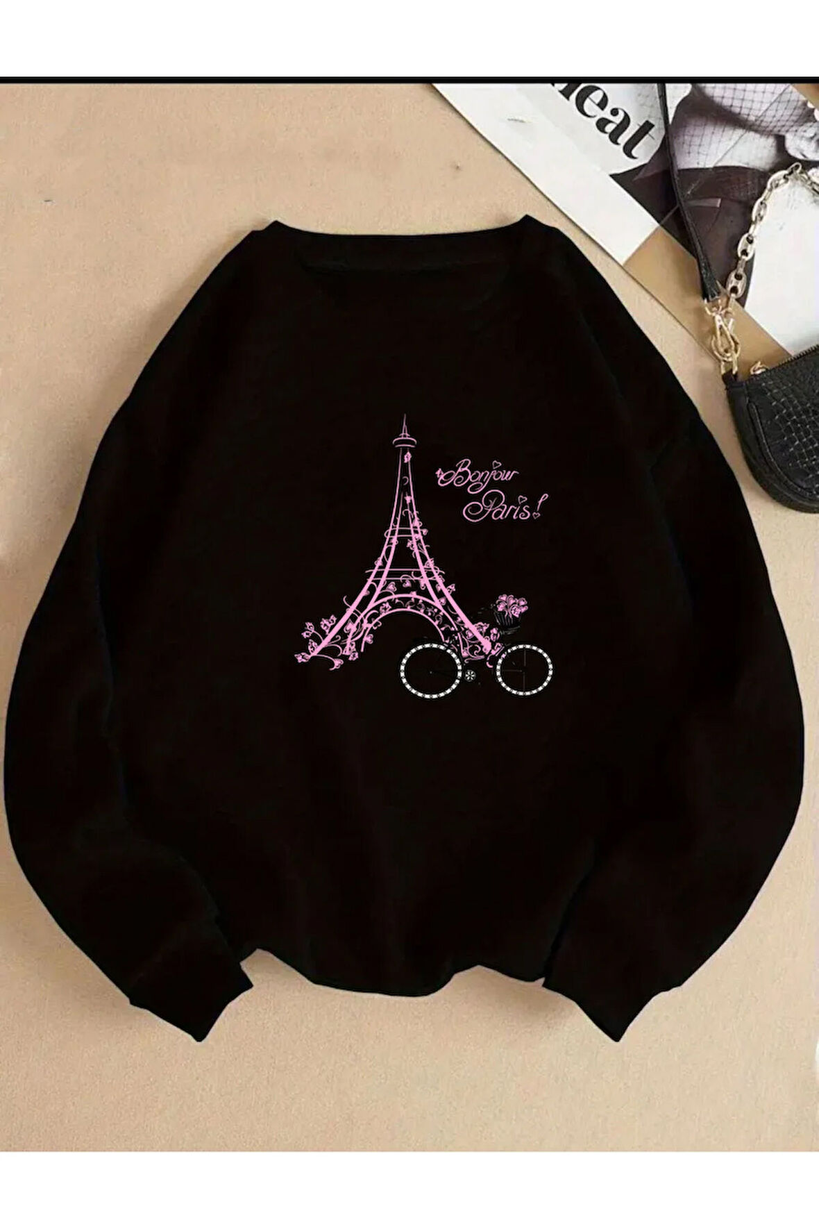 Eyfel Baskı Detaylı Bisiklet Yaka İçi Polarlı Sweatshirt