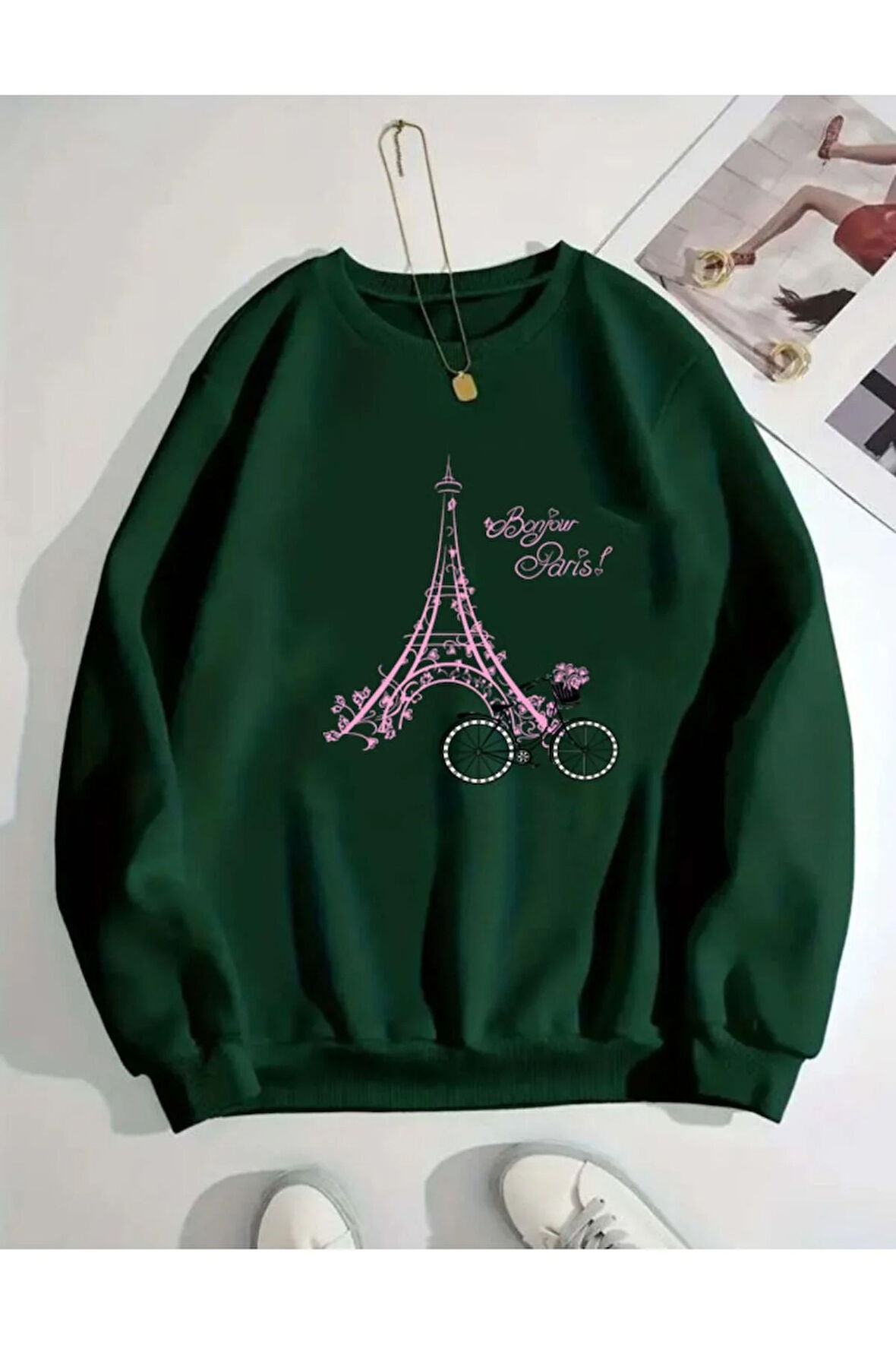 Eyfel Baskı Detaylı Bisiklet Yaka İçi Polarlı Sweatshirt