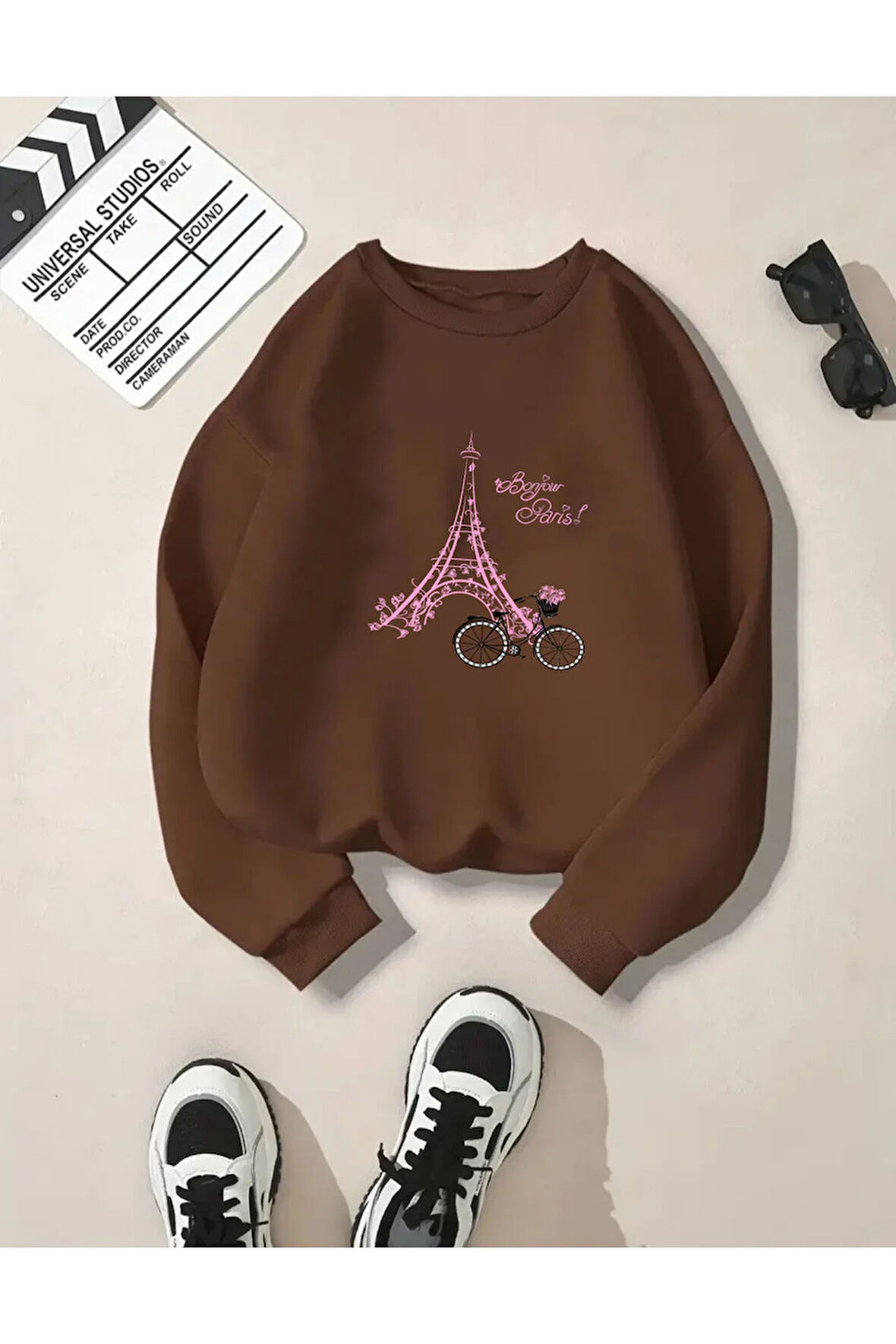 Eyfel Baskı Detaylı Bisiklet Yaka İçi Polarlı Sweatshirt