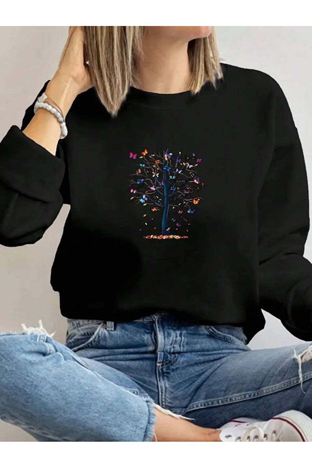 Mini Kelebekler Baskılı Bisiklet Yaka İçi Polarlı Sweatshirt