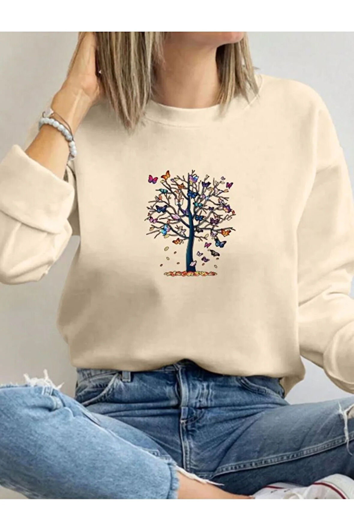 Mini Kelebekler Baskılı Bisiklet Yaka İçi Polarlı Sweatshirt