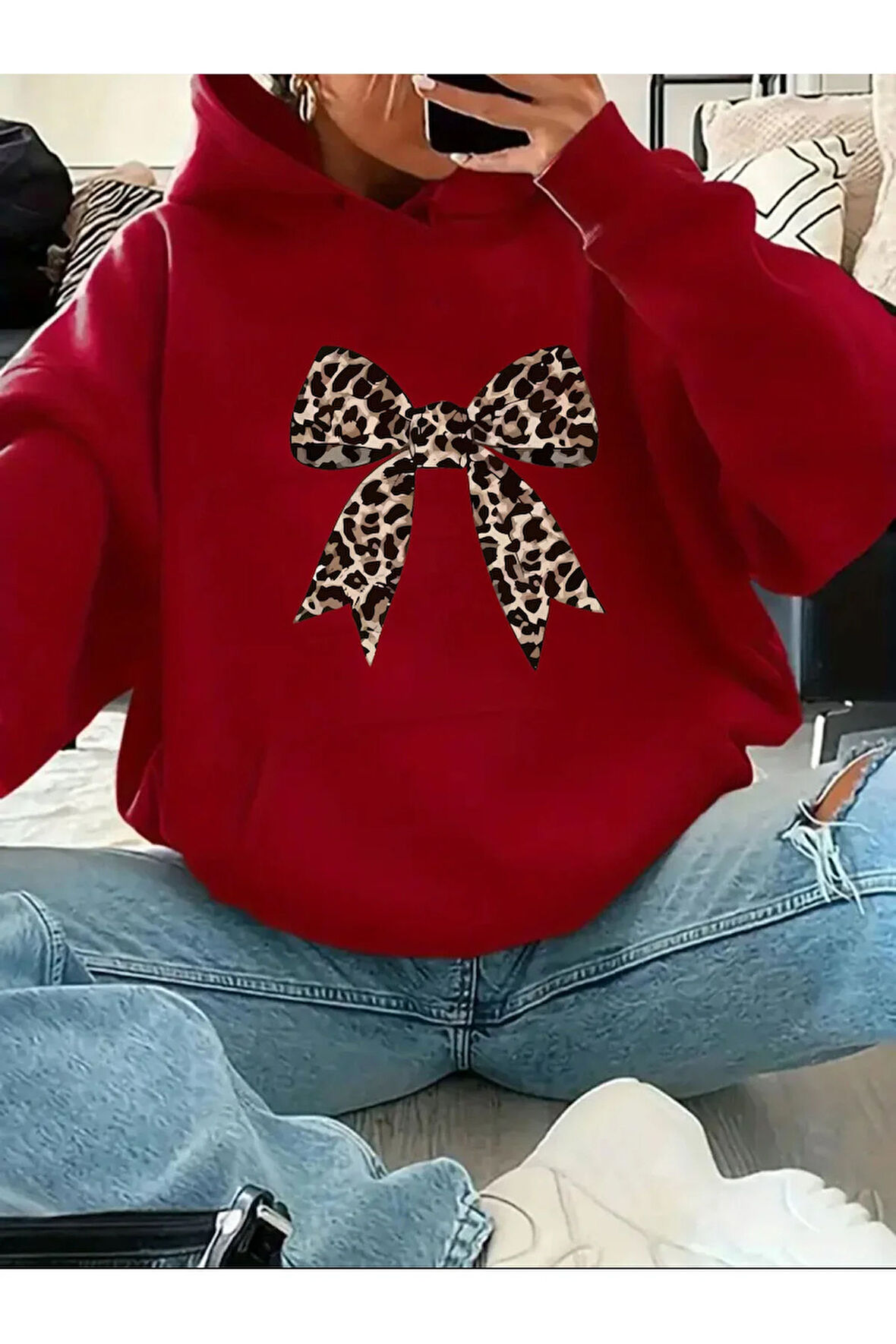 Leopar Kurdele Baskılı Kapüşonlu Sweatshirt