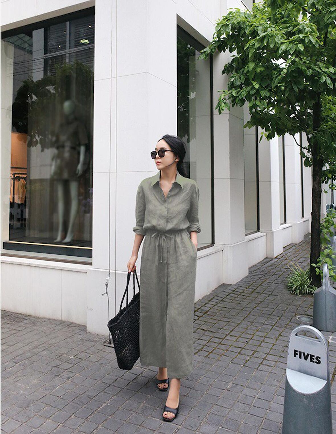 Barbora Keten Günlük Rahat Beli Bağcık Detaylı Uzun Kol Elbise LN07haki23