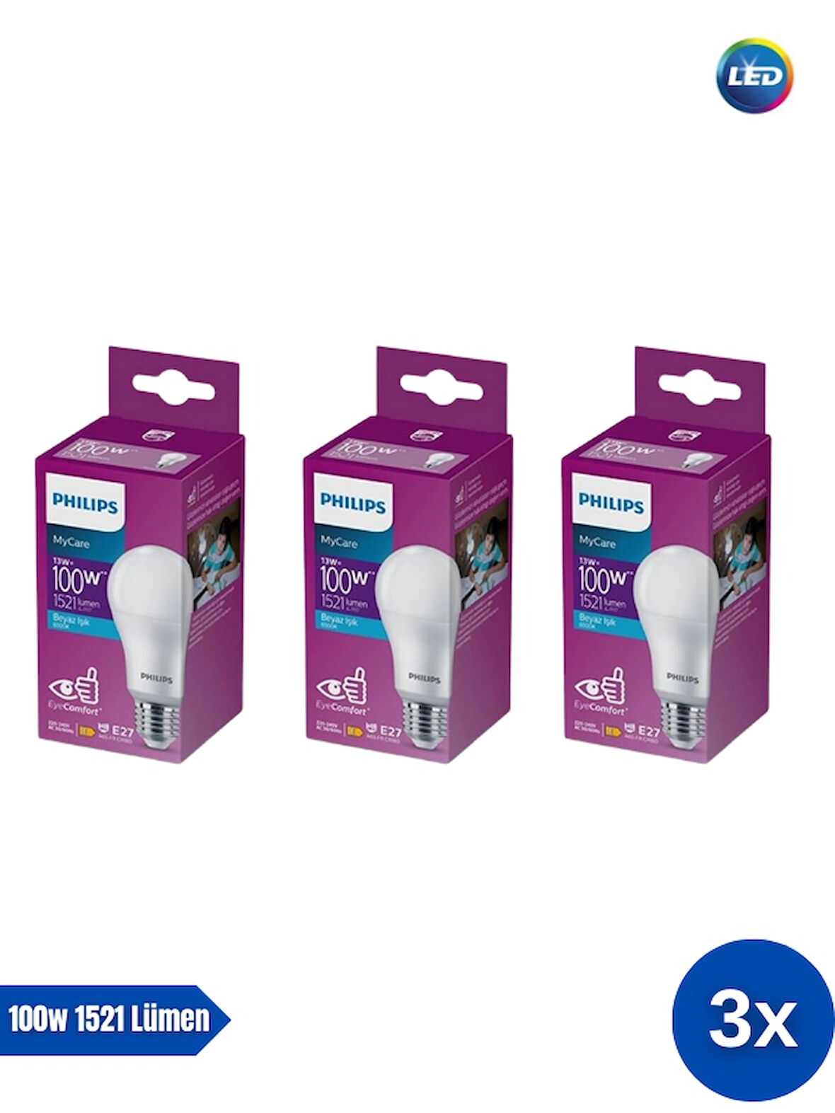 Philips Mycare LED Lamba 13W - 100W 6500K Beyaz Işık 1521 Lümen Yüksek Işık  ( 3 ADET ) 