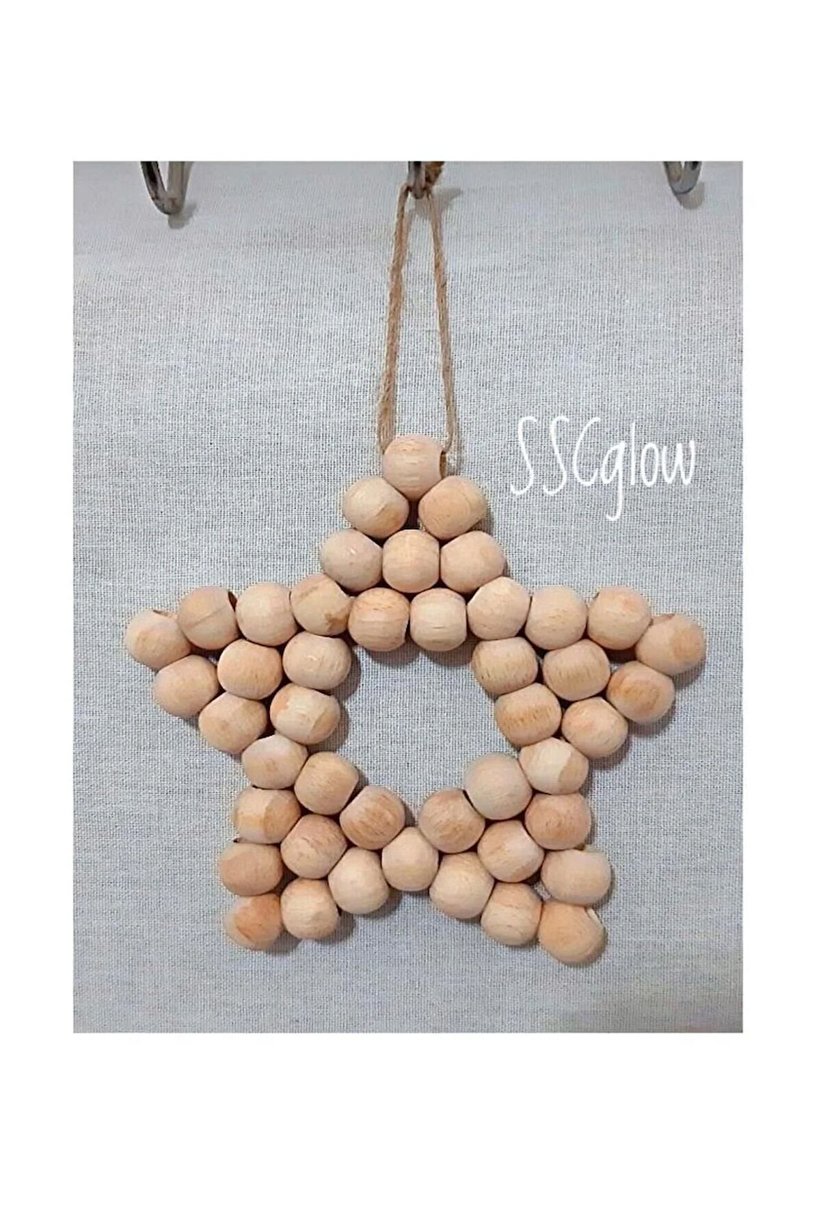 Doğal Ahşap Boncuklu Dekoratif Yıldız 5 Köşeli, Jüt Ipli Yılbaşı Ağacı Süsü