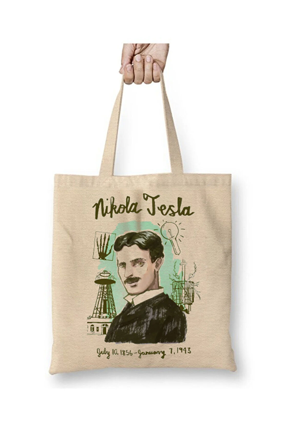Nikola Tesla Nicola Tesla Beyaz Bez Çanta Uzun Saplı Alışveriş Çantası Plaj Çantası