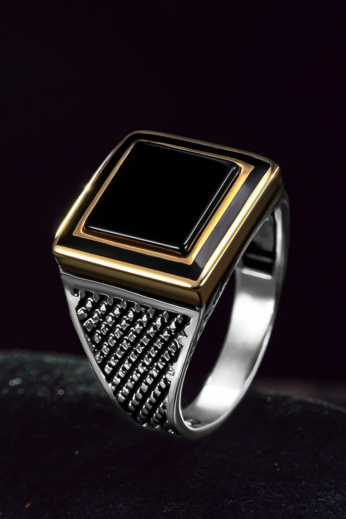 Erkek Gümüş Yüzük - Düz Siyah Oniks Taşlı Kare Model Erkek Yüzük