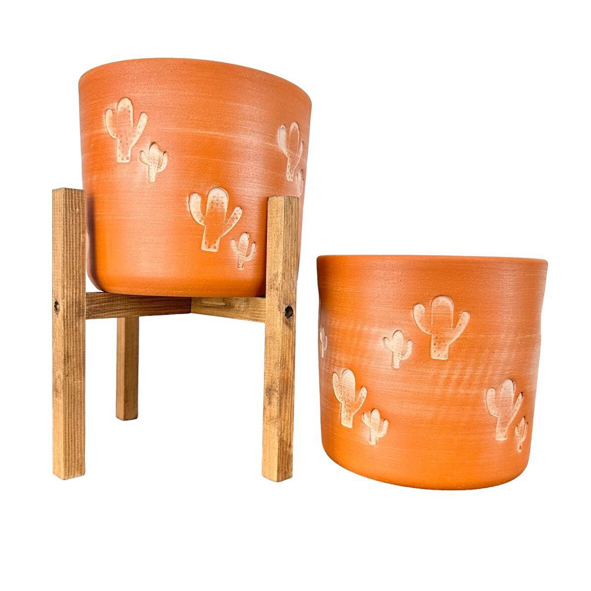 Ev Dekorasyon Aksesuar Kaktüs Desenli Toprak Saksı Saksılık Salon Çiçeklik İkili Set Ayaksız - 4 Ayaklı- 19 CM