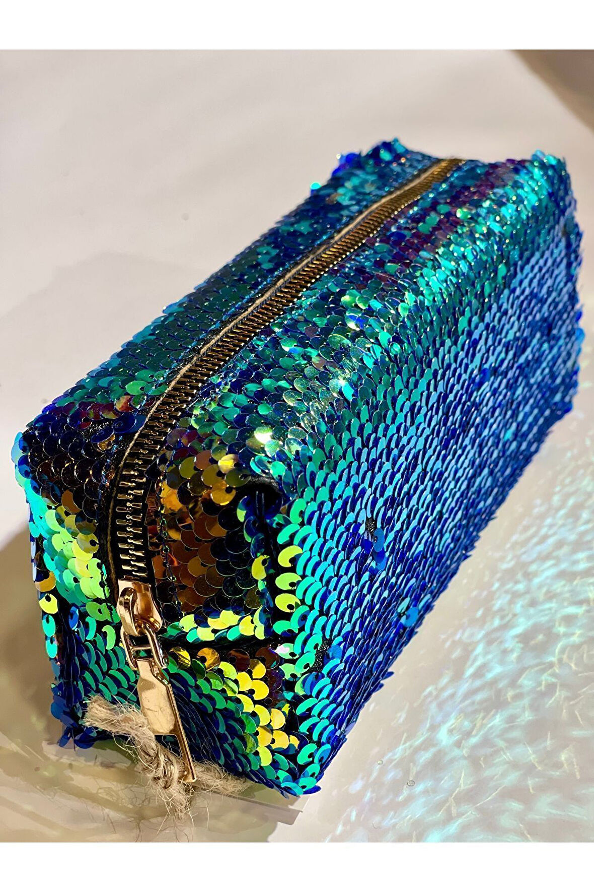 Premium Pullu Renkli Çanta Okul Kalemlik Makyaj Çantası Fermuarlı Plaj El Çantası 20x9x6 cm Mavi
