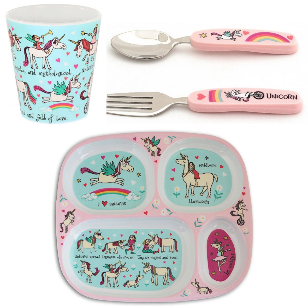 Melamin Bölmeli Tabak / Alıştırma Bardağı / Kutulu Çatal Kaşık Seti (4'lü Set) Unicorn