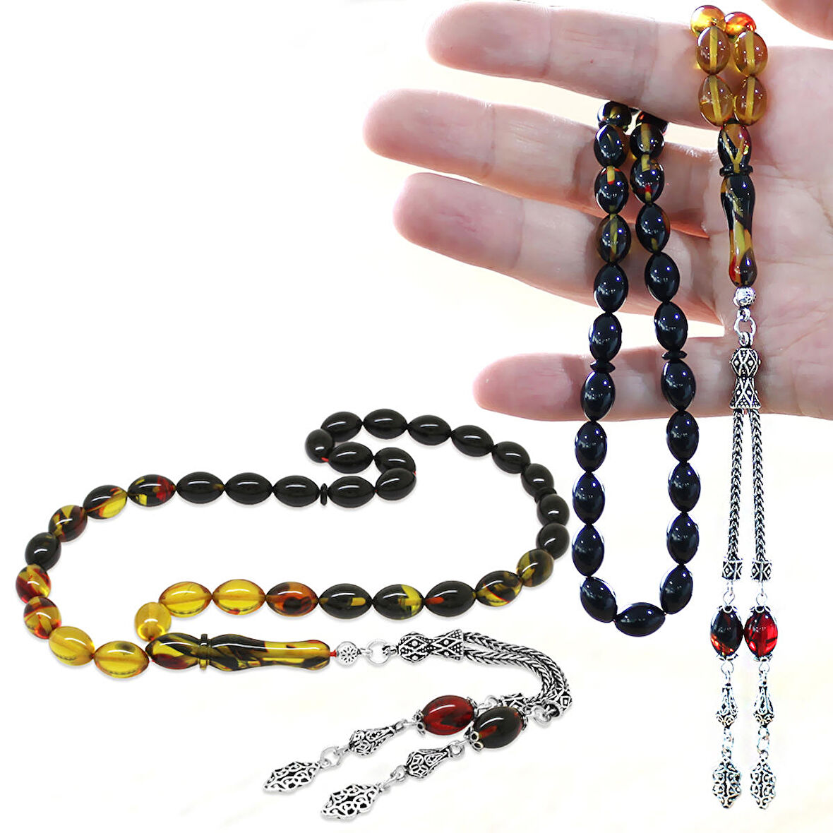 925 Ayar Gümüş Çift Püsküllü Arpa Kesim Süzme Bala-Siyah Ateş Kehribar Tesbih