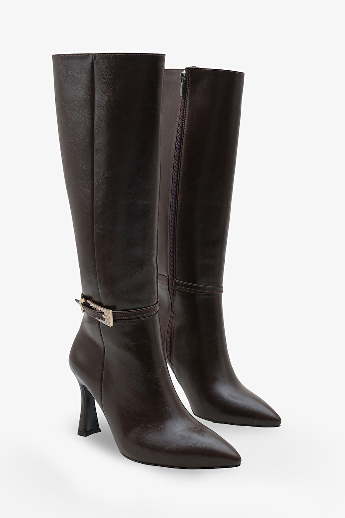 Kadın Tokalı Yandan Fermuarlı Topuklu Sivri Burun Günlük Çizme Kilves Kahve