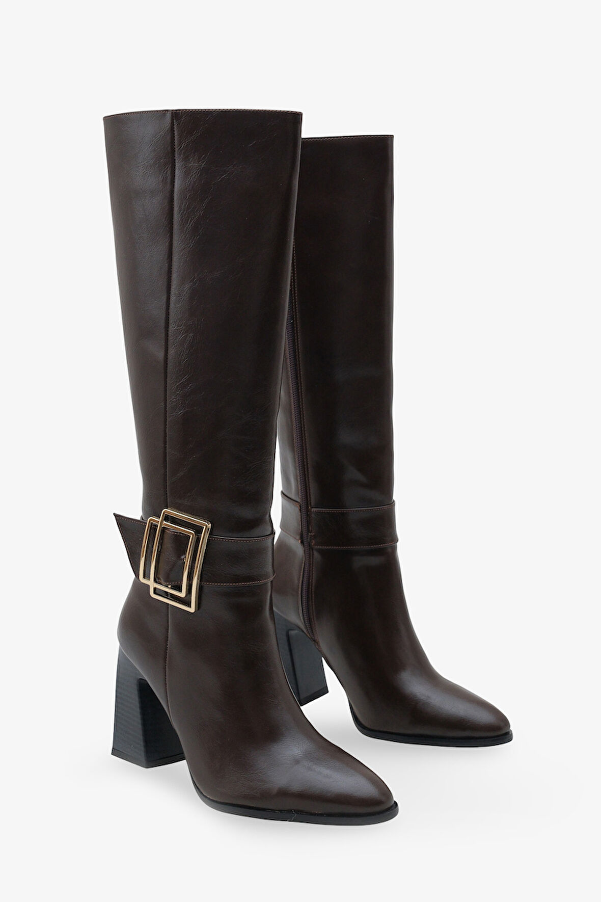Kadın sivri Burun Yandan Fermuarlı Gold Kemer Tokalı Topuklu Çizme Slord Kahve