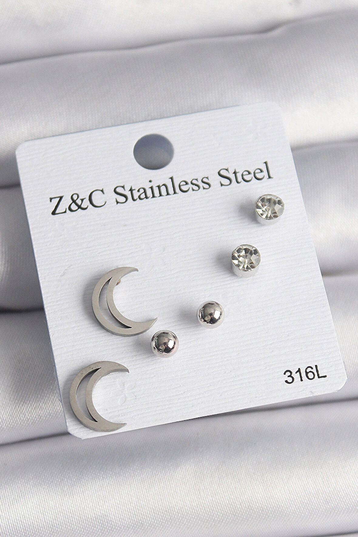 Dodes Dodes 316L Çelik Gümüş Renk Zirkon Taşlı Hilal Model Kadın Küpe Seti TG27BKP10010