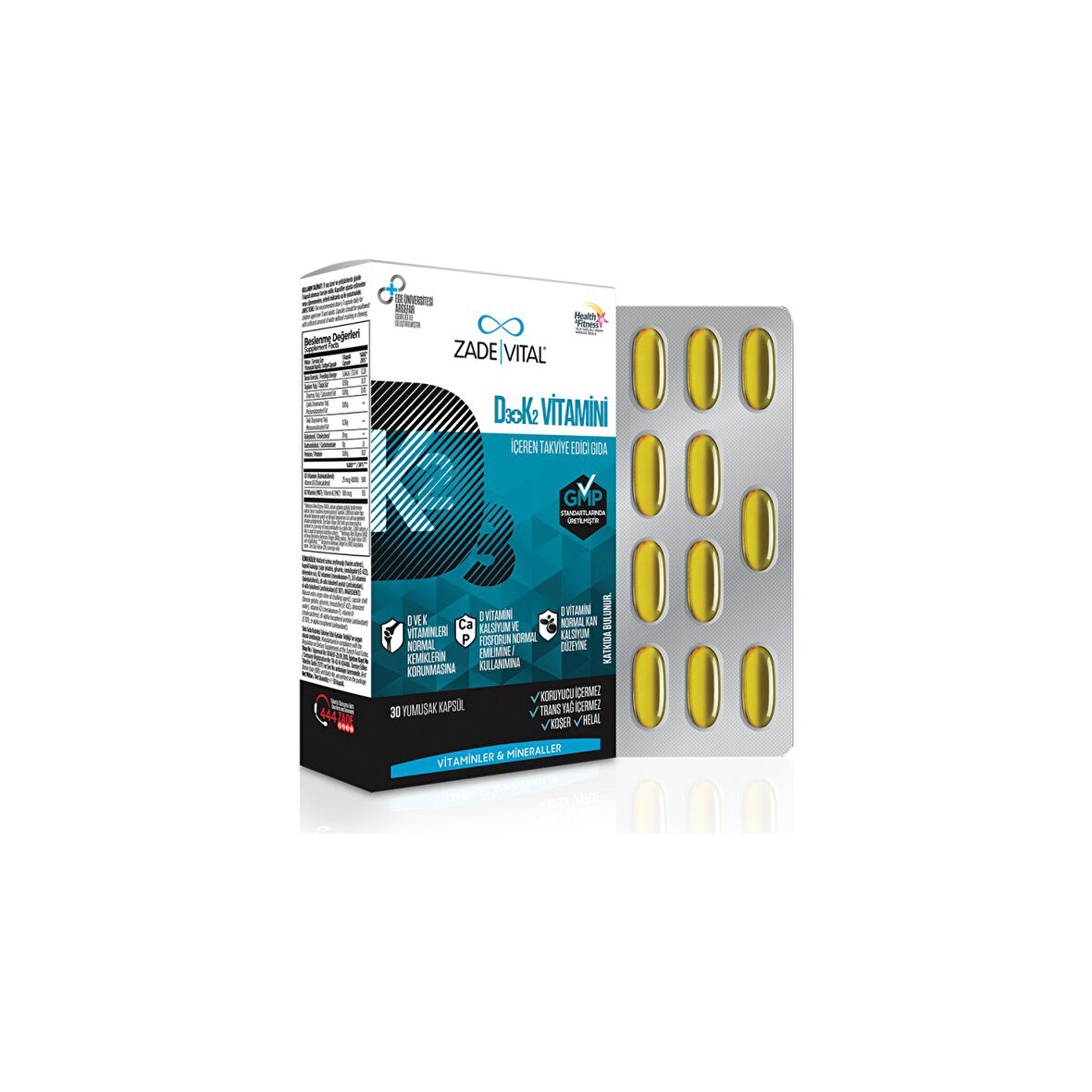 D3 + K2 Vitamini 30 Yumuşak Kapsül - Dezenfektan Hediyeli (%72 Alkol)