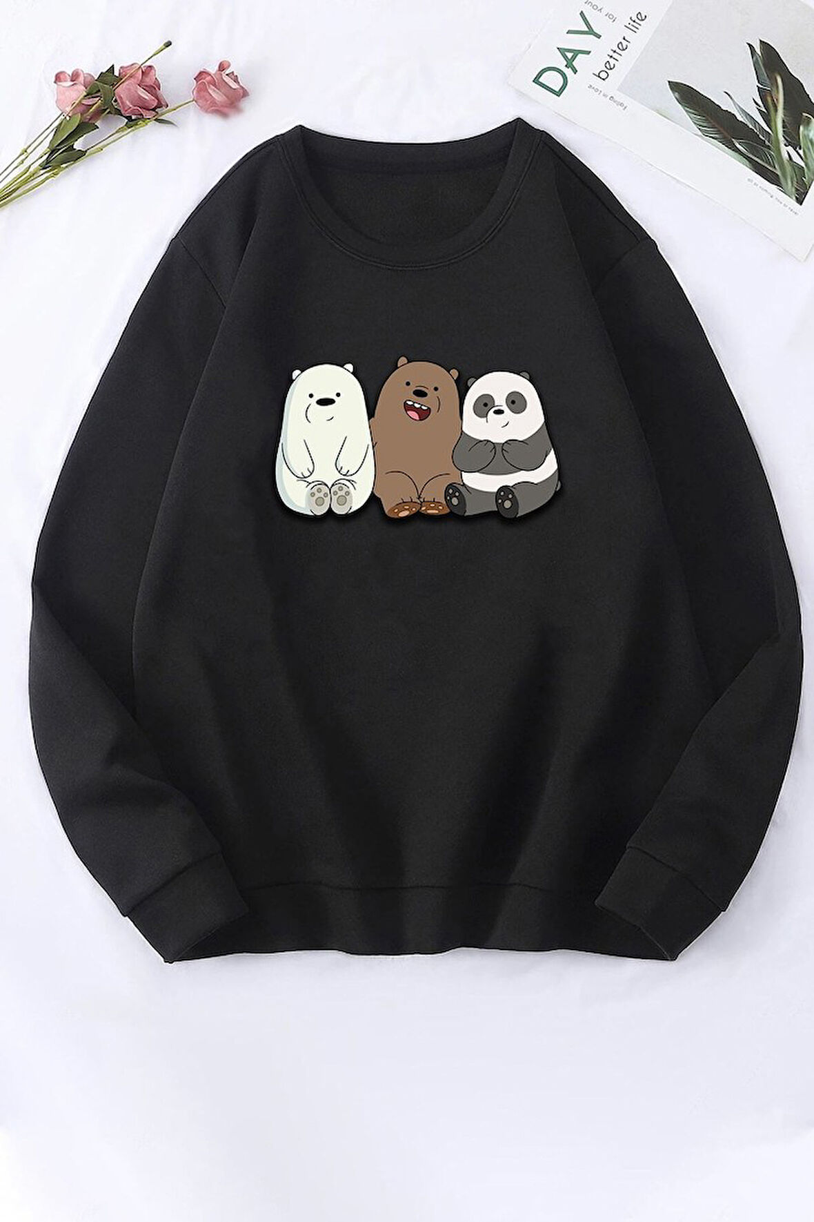 Uyguntarz Unisex Kafadar Ayılar Baskılı Bisiklet Yaka Sweatshirt