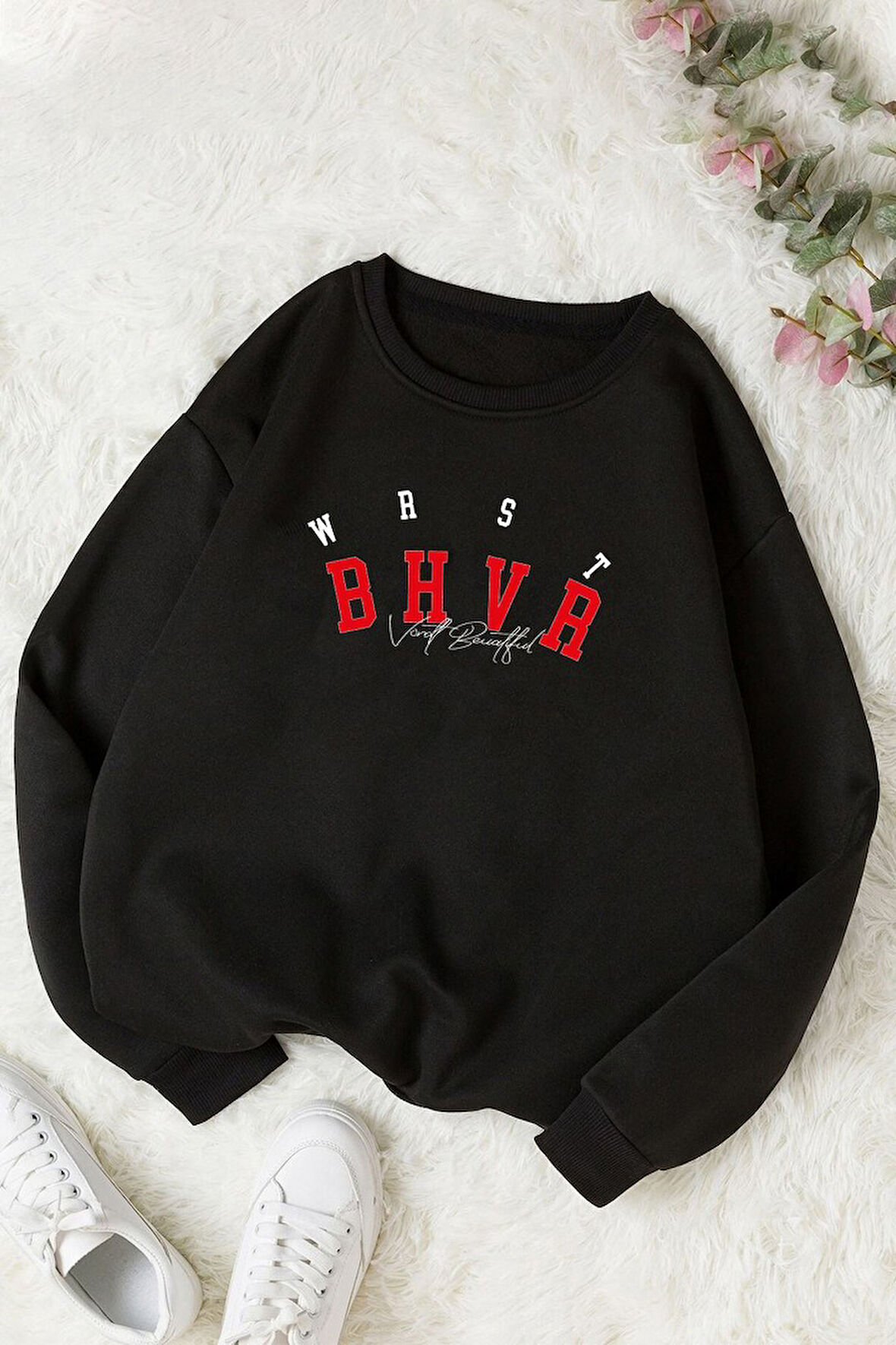 Uyguntarz Unisex Bhvr Baskılı Bisiklet Yaka Sweatshirt