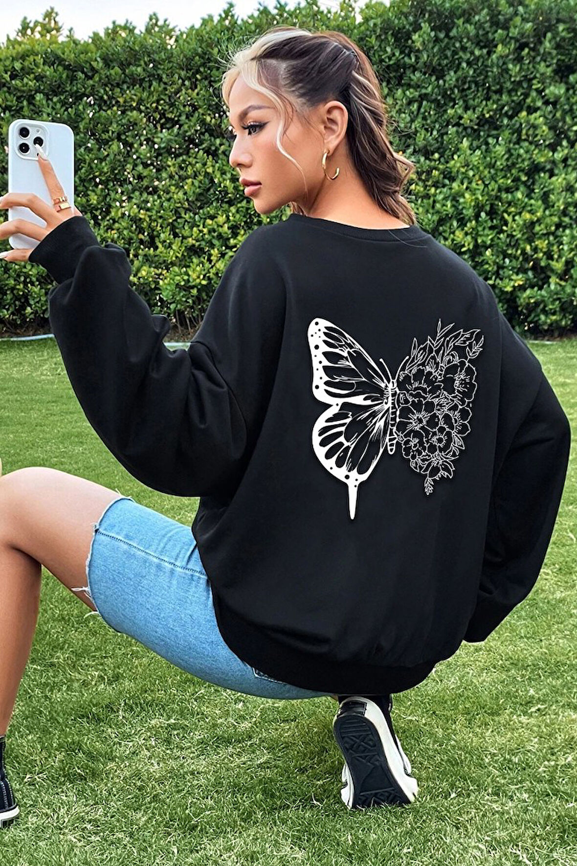 Uyguntarz Unisex Drawing Butterflies Baskılı Bisiklet Yaka Sweatshirt