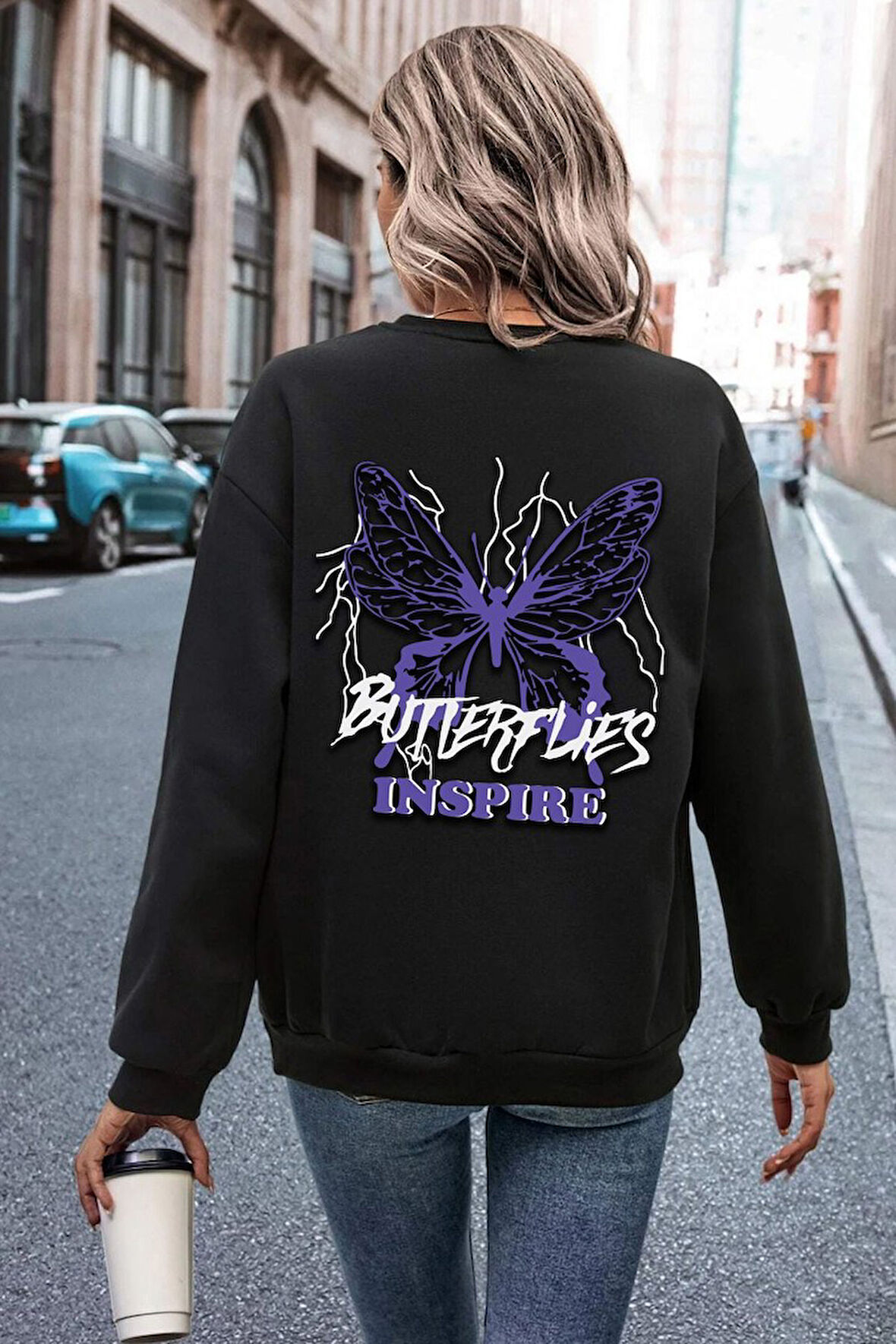 Uyguntarz Unisex Butterfly & Letter Graphic Baskılı Bisiklet Yaka Sweatshirt