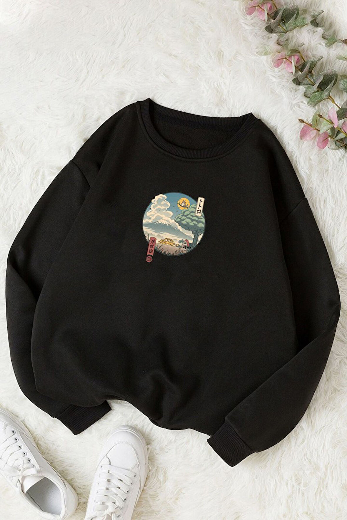 Uyguntarz Unisex Neighbor's Ukiyo e Baskılı Bisiklet Yaka Sweatshirt
