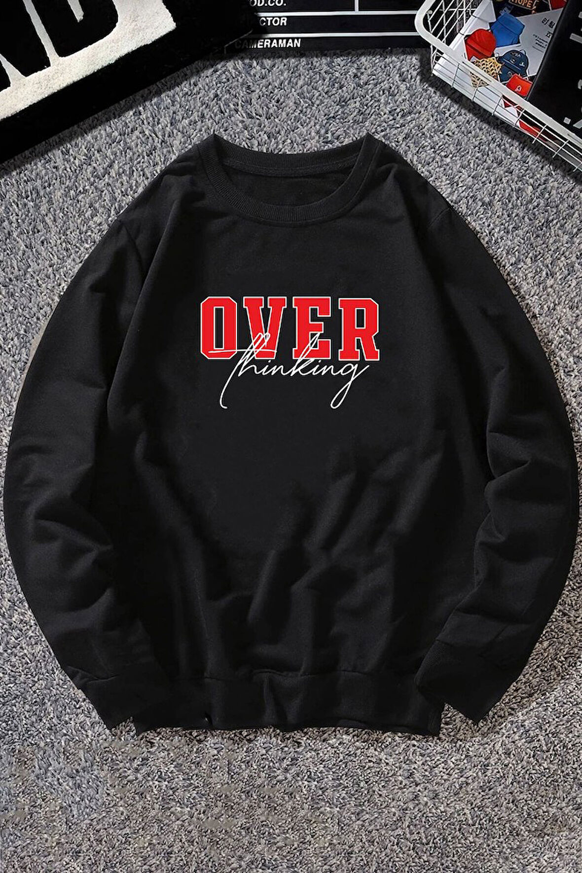 Uyguntarz Unisex Over Thinking Baskılı Bisiklet Yaka Sweatshirt
