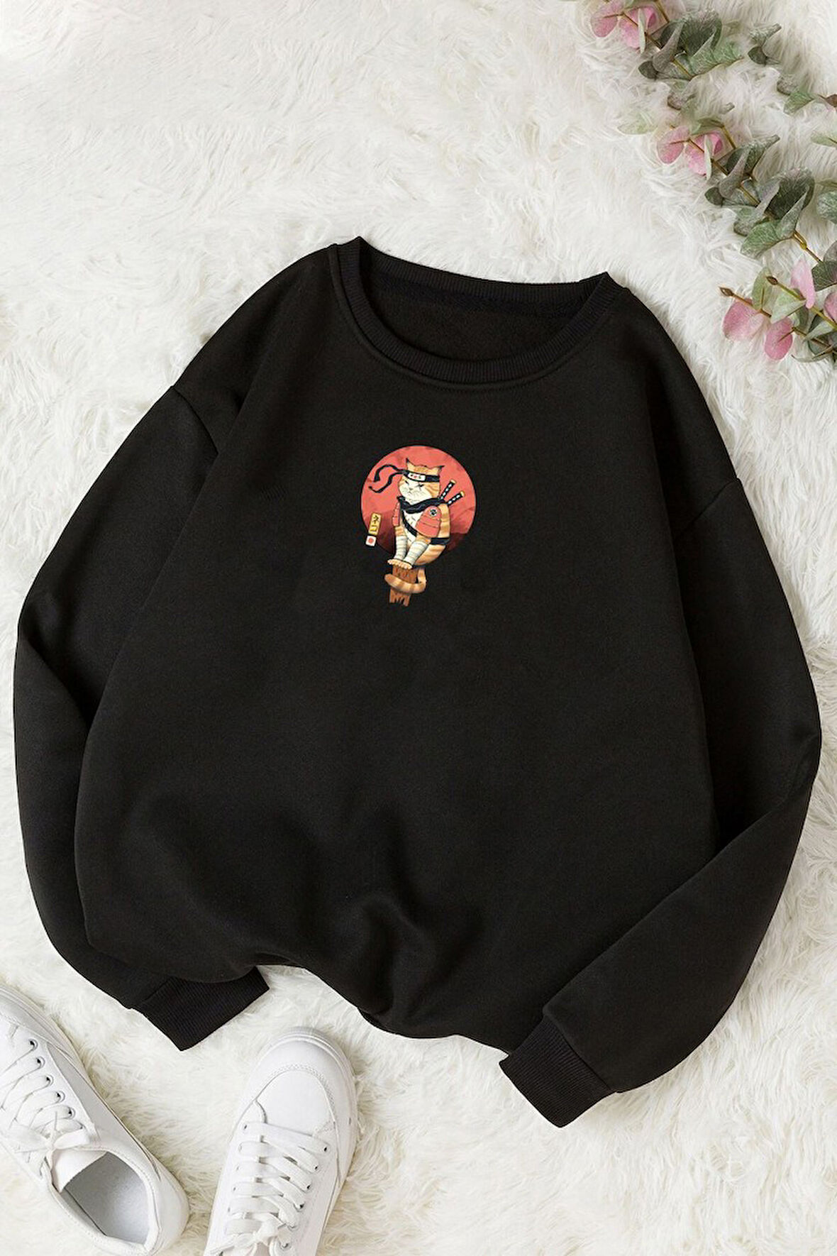 Uyguntarz Unisex Shinobi Kedi Bisiklet Yaka Sweatshirt
