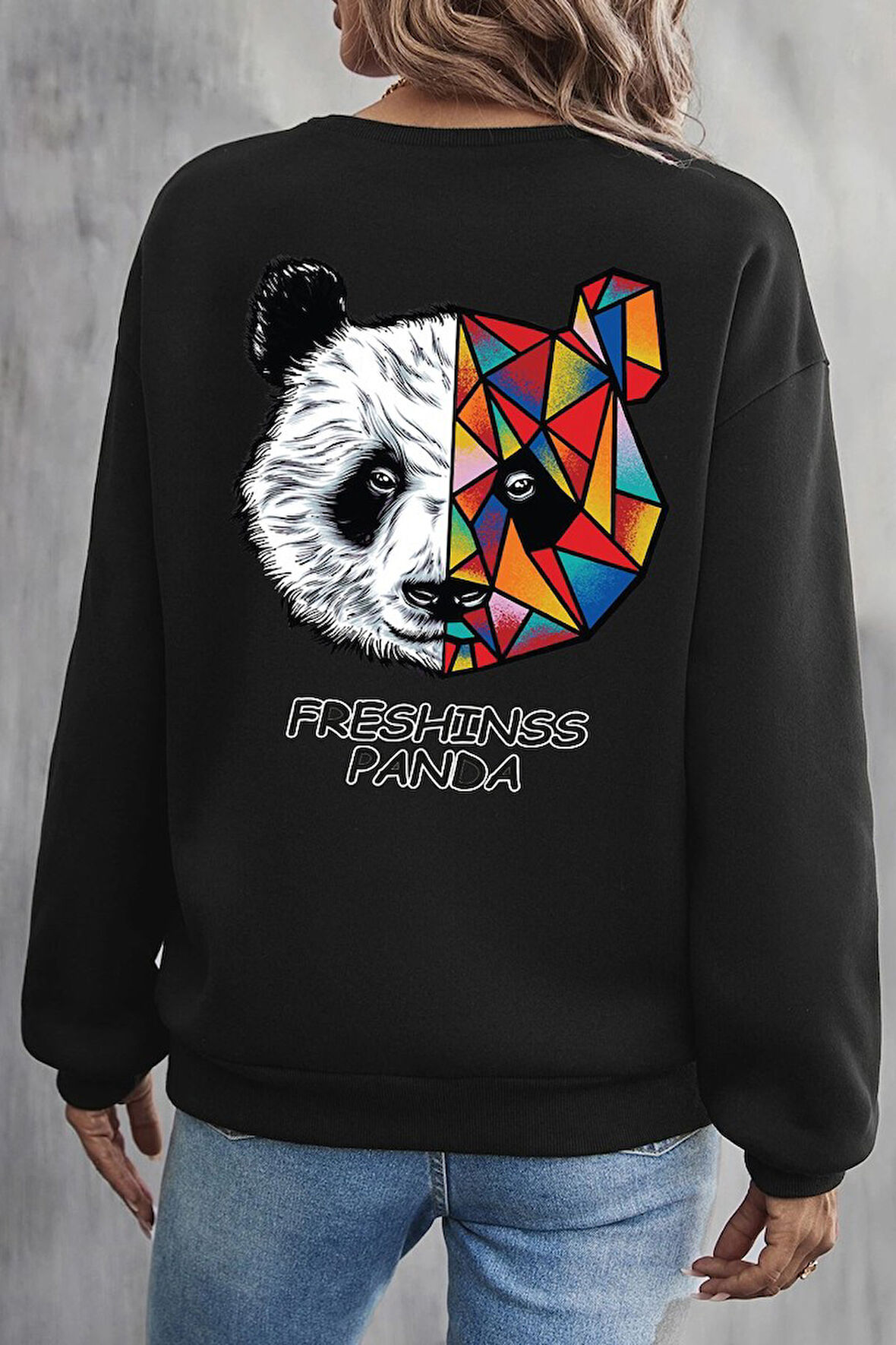Uyguntarz Unisex Panda Baskılı Bisiklet Yaka Sweatshirt
