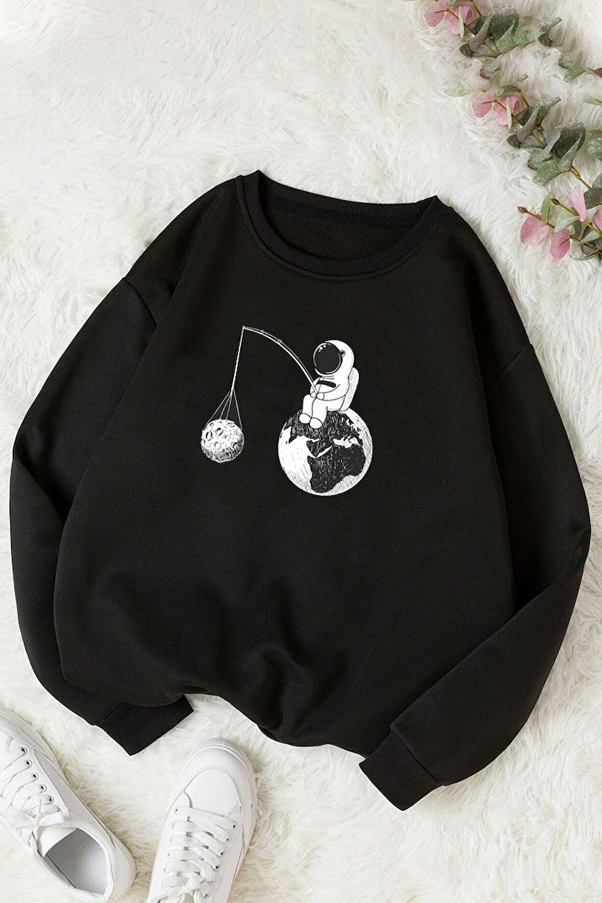 Unisex Uzay Temalı Bisiklet Yaka Sweatshirt