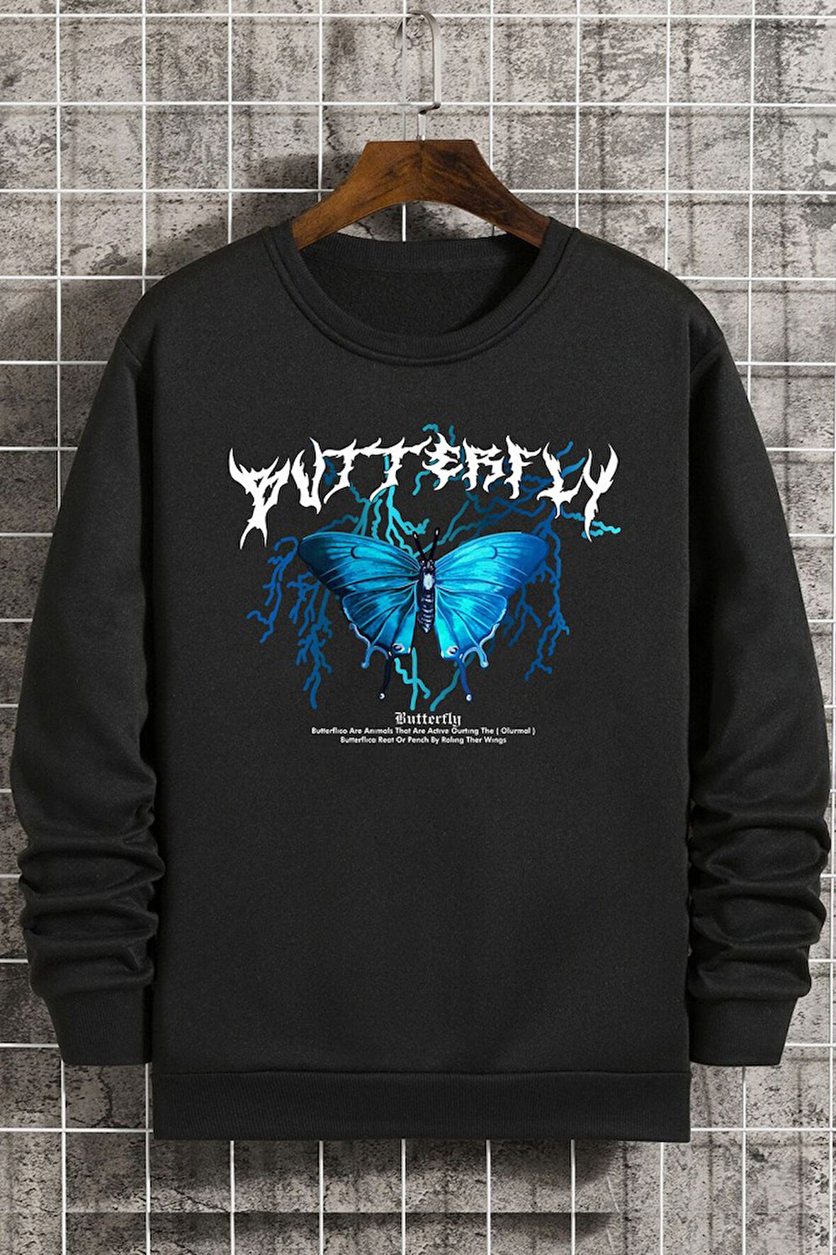 Uyguntarz Unisex Blue Butterfly Bisiklet Yaka Sweatshirt