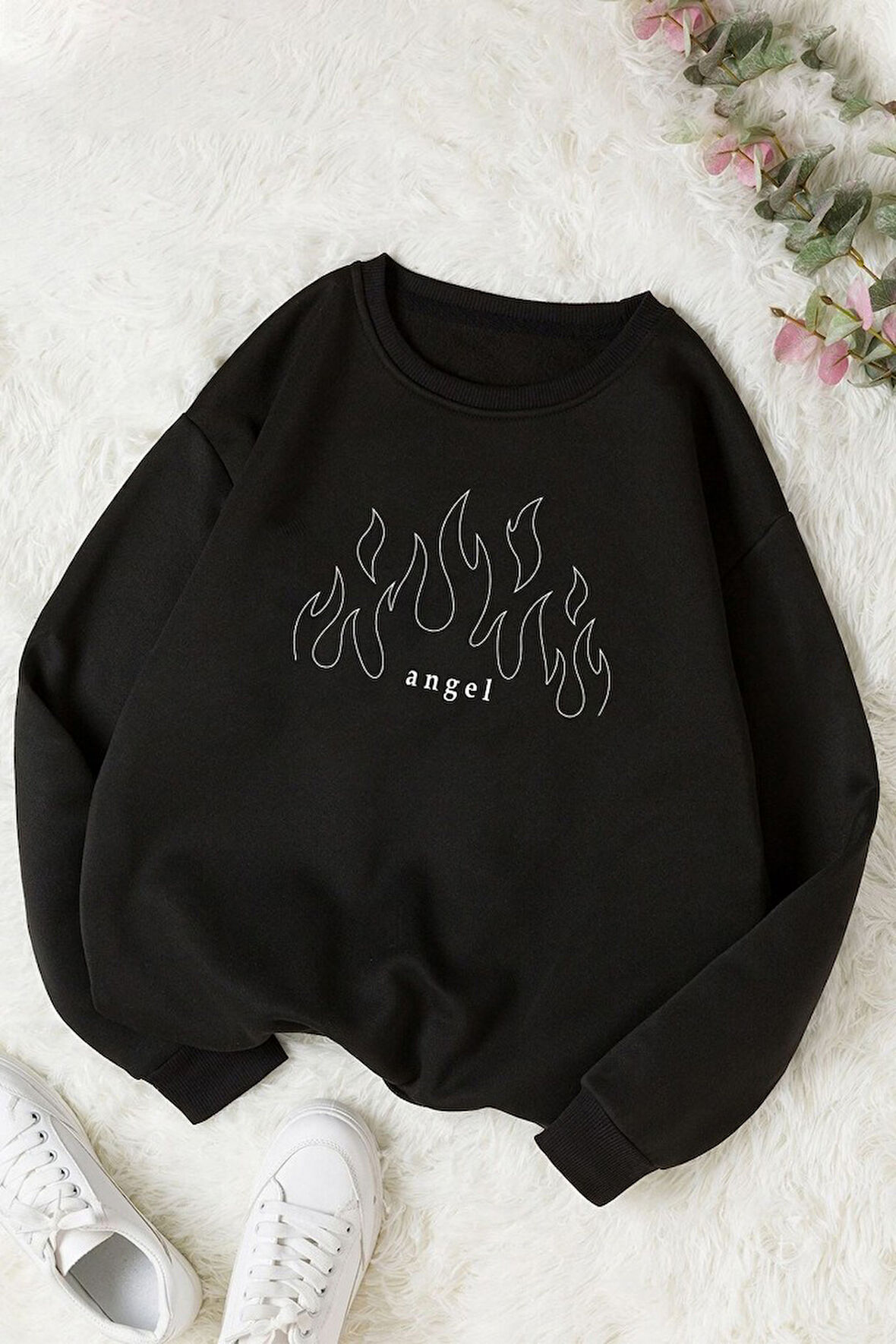 Uyguntarz Unisex White Angel Bisiklet Yaka Sweatshirt