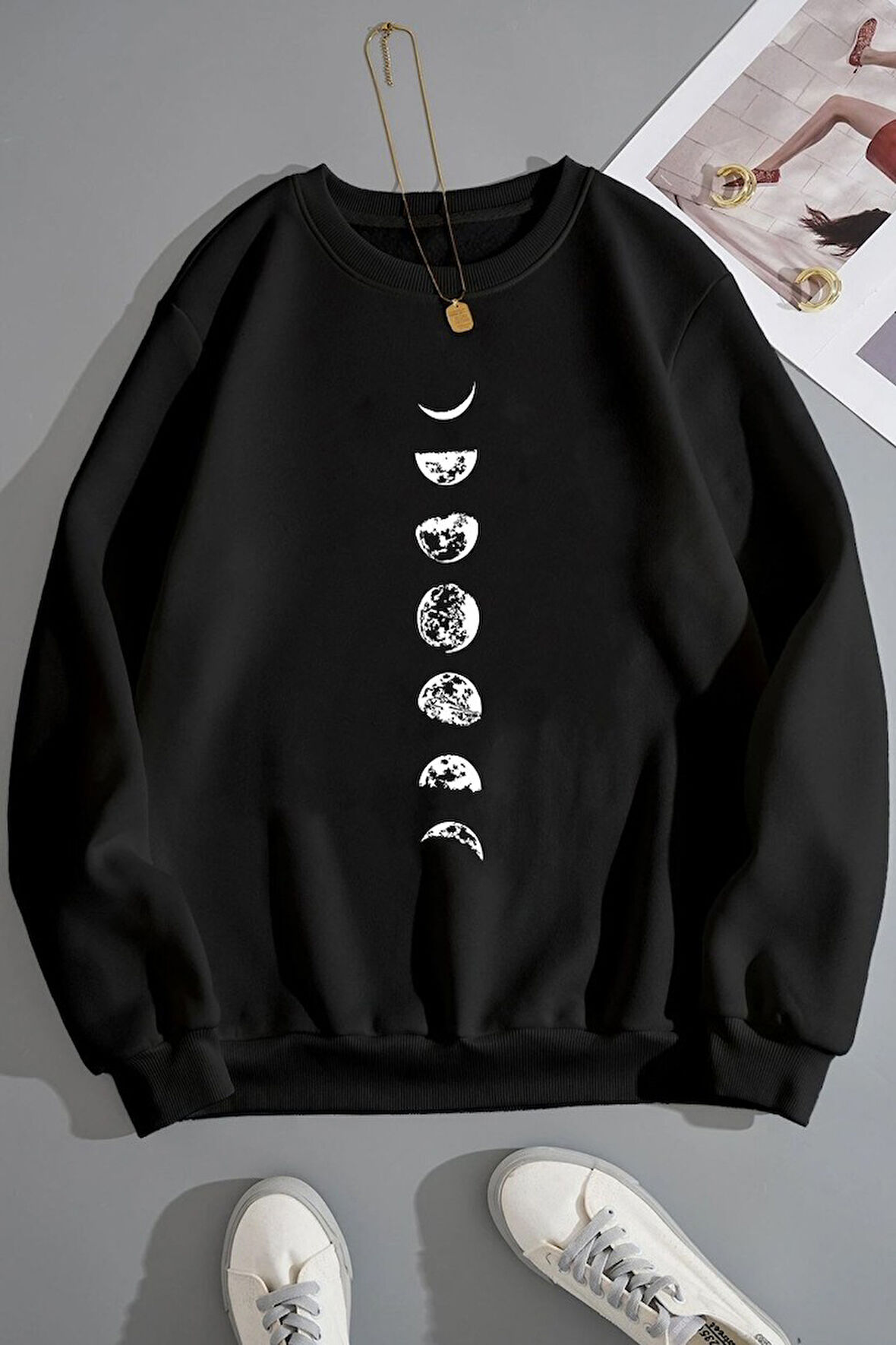 Uyguntarz Unisex Moon Phases Bisiklet Yaka Sweatshirt
