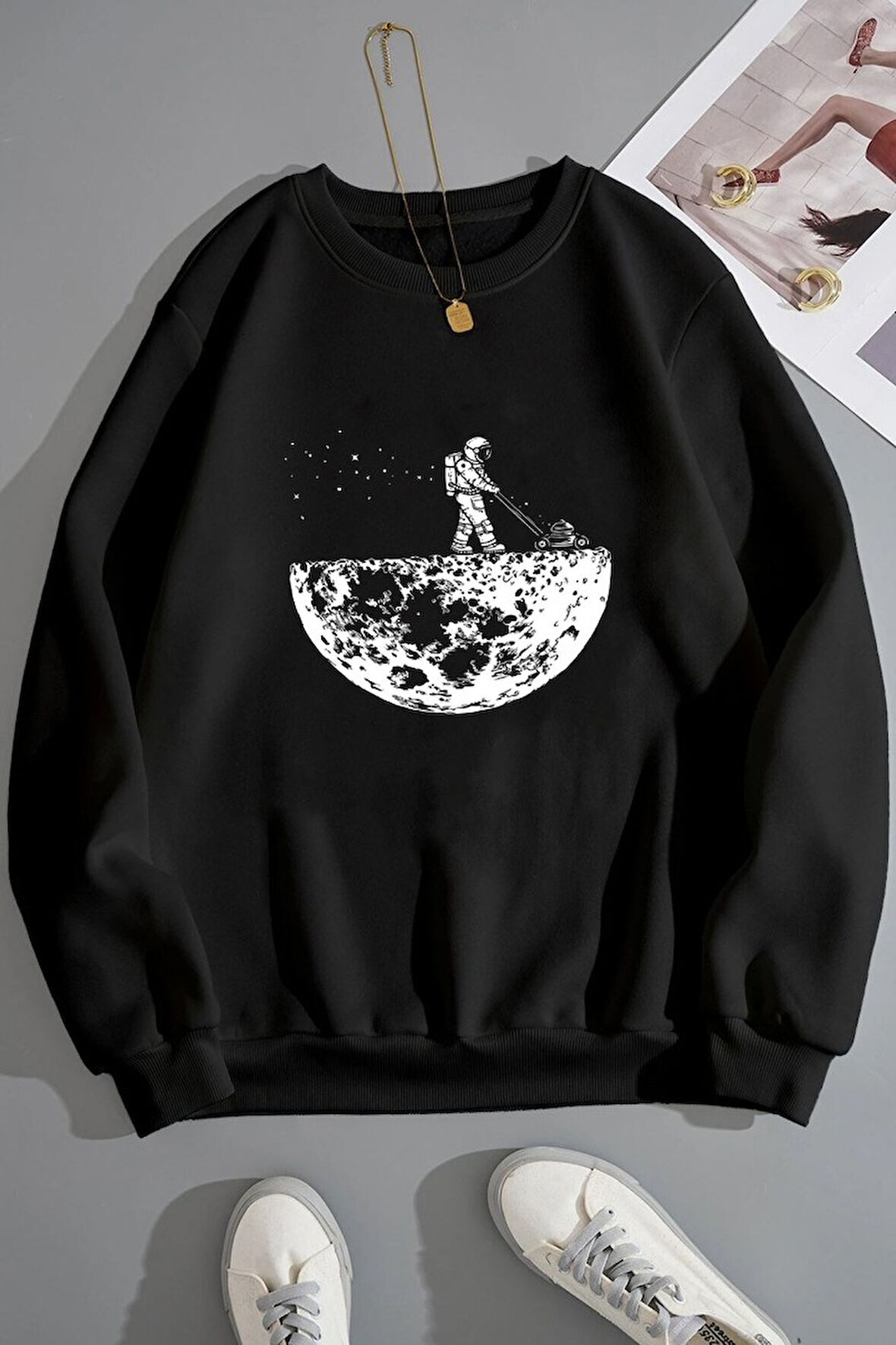 Uyguntarz Unisex Uzay Temalı Bisiklet Yaka Sweatshirt