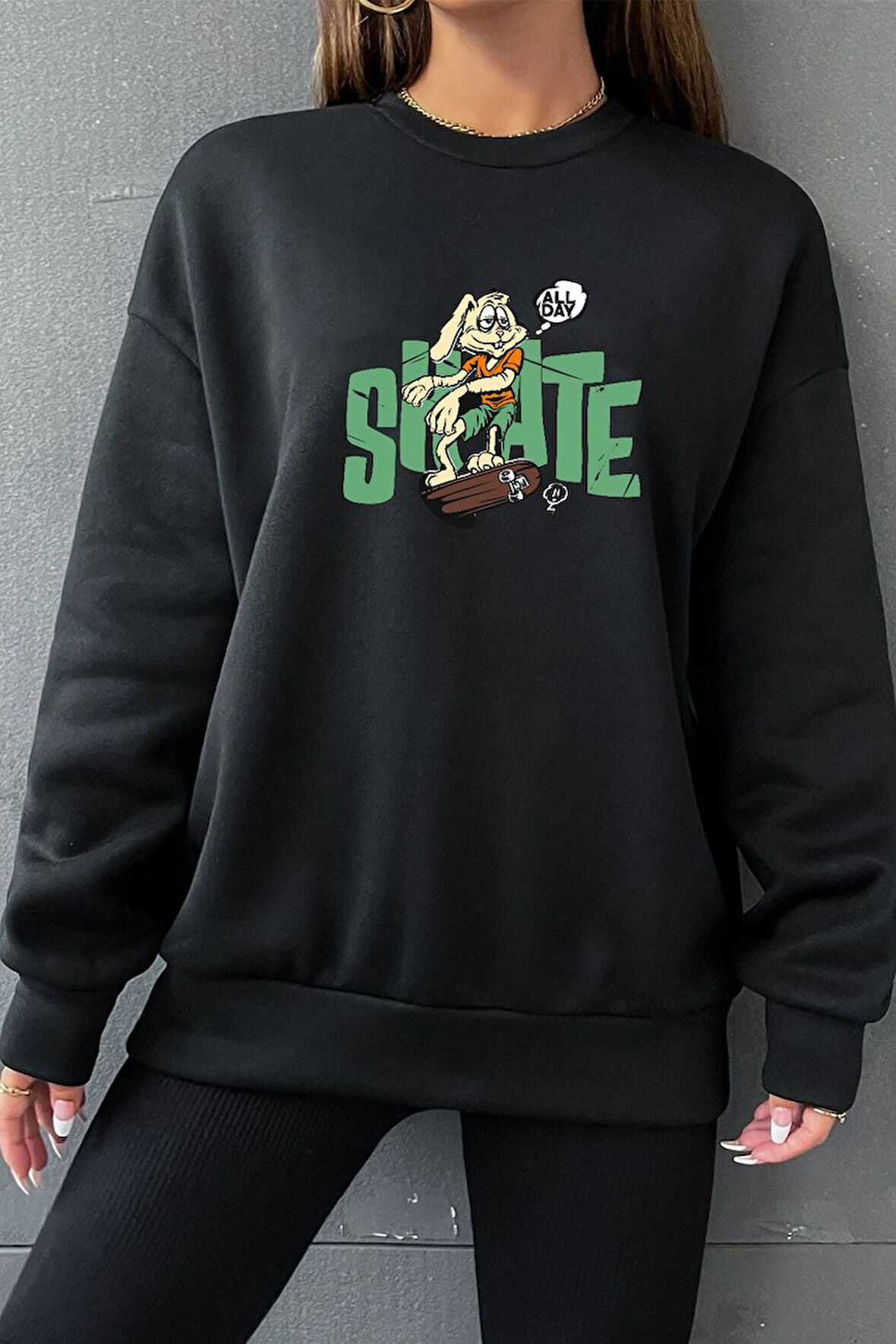 Uyguntarz Unisex All Day Rabbit Bisiklet Yaka Sweatshirt