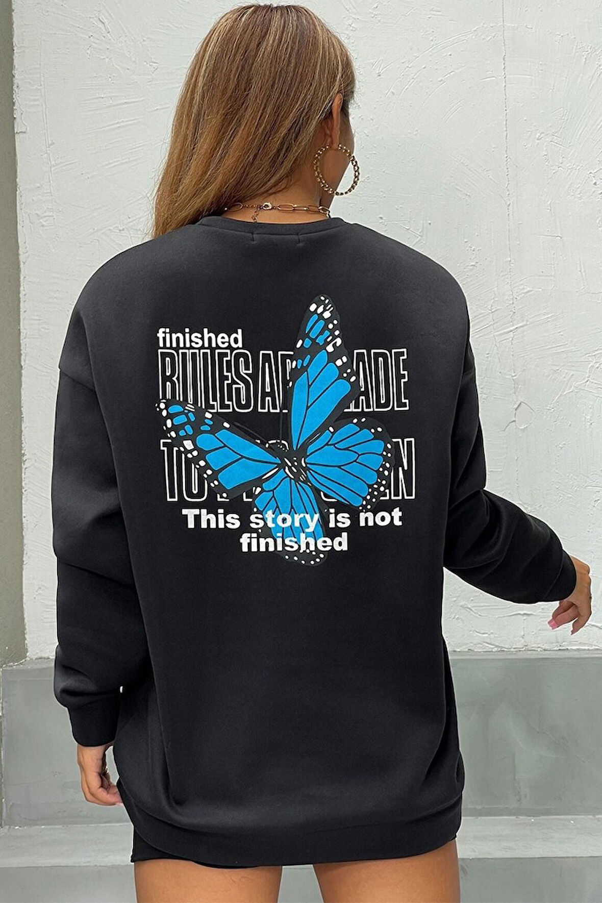 Uyguntarz Unisex Kelebek Baskılı Bisiklet Yaka Sweatshirt