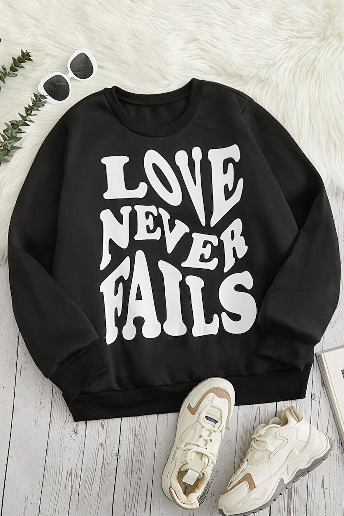 Uyguntarz Unisex Love Baskılı Bisiklet Yaka Sweatshirt