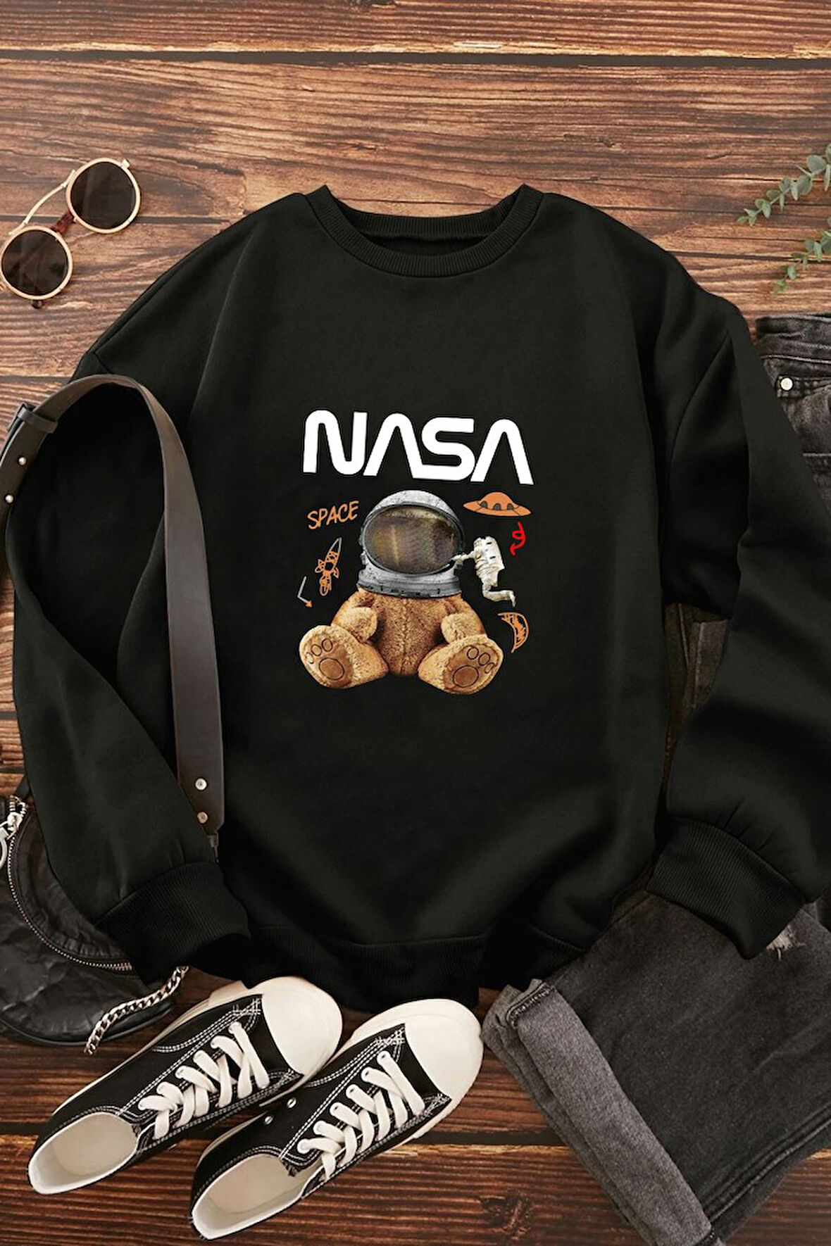 Uyguntarz Unisex Nasa Baskılı Bisiklet Yaka Sweatshirt