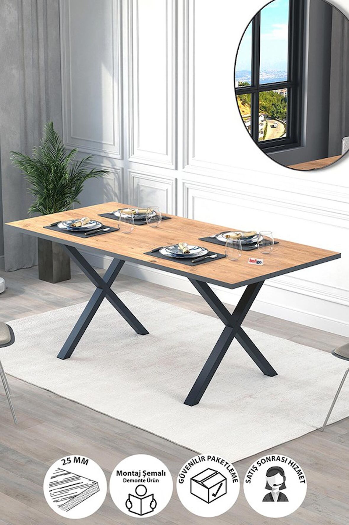 Yemek Masası Metal Ayaklı Mutfak Masası Oslo 85 X 180 Cm X Ayaklı Çam