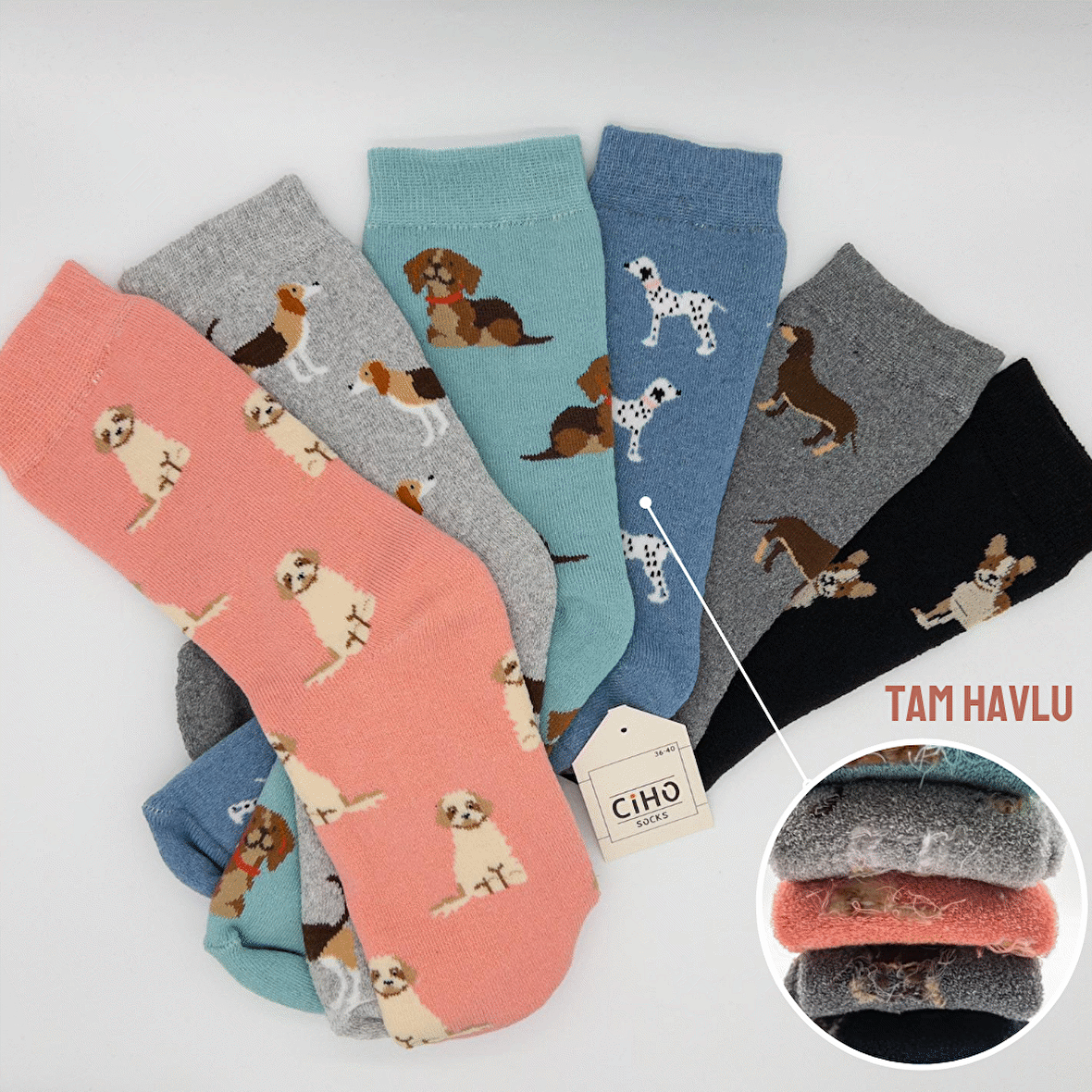 CİHO SOCKS Daily 6 Çift Kadın Tam Havlu Yumuşak Eğlenceli Köpek Desenler Kışlık Soket Çorap