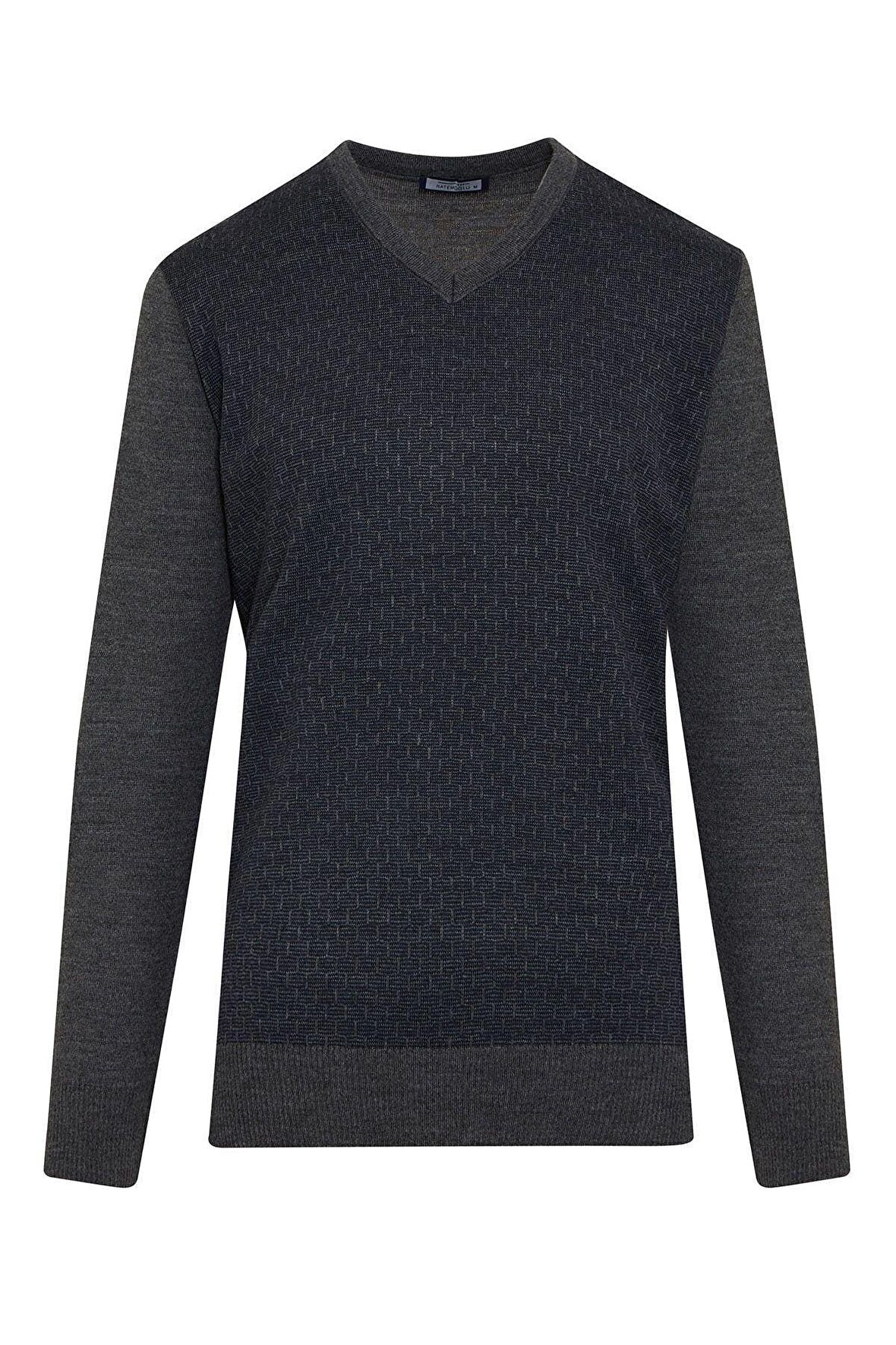 Gri Desenli V Yaka Yünlü Triko Kazak | S