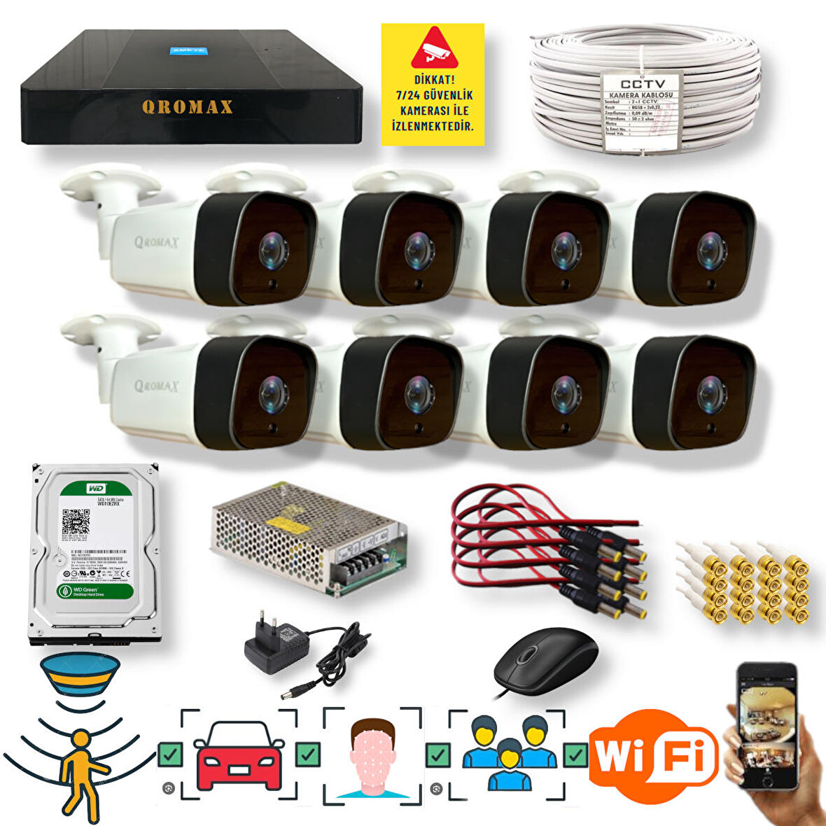 8 Kameralı Set - Araç İnsan Yüz Hareket Algılayan 36 IR Led 5MP Sony Lensli 1080P Metal Kasa Güvenlik Kamerası Seti 5236