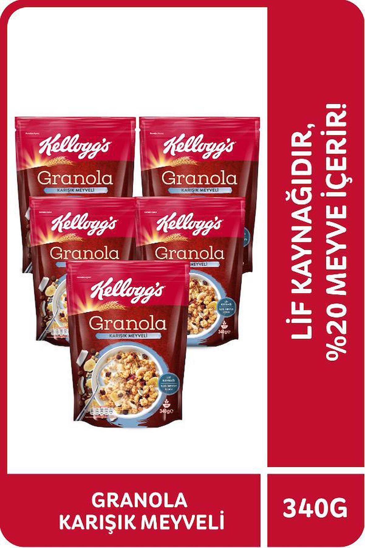 Kellogg's Granola Karışık Meyveli 340 Gr x 5 Adet, %45 Yulaf içerir, Lif Kaynağı, %20 Kurutulmuş Meyve