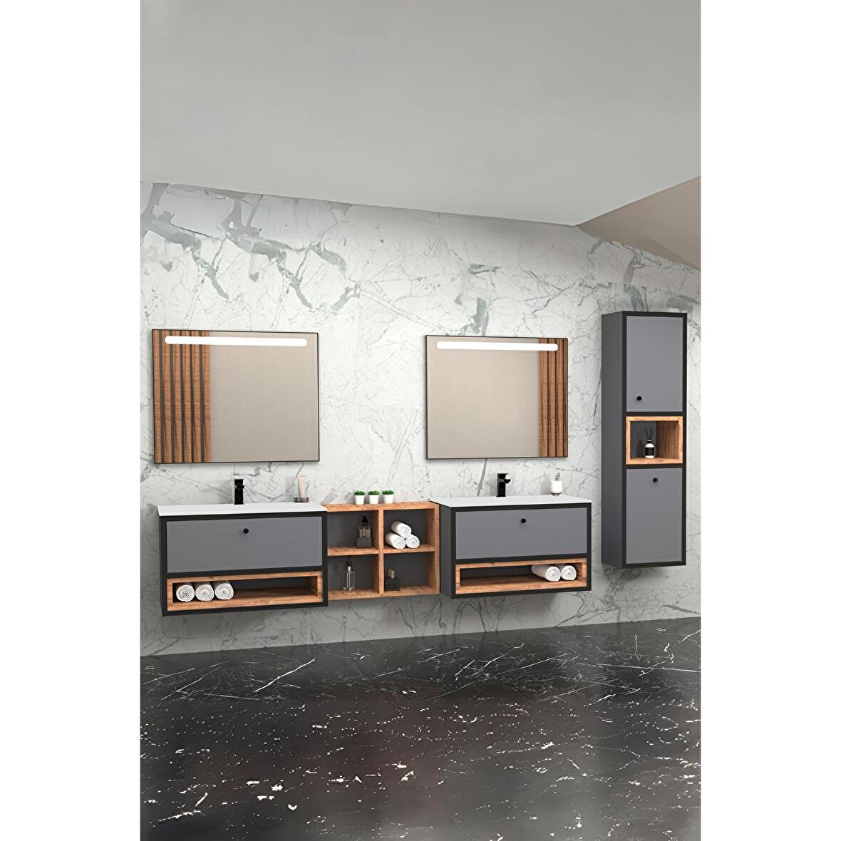 ESPERO 225 CM BEYAZ LAVABOLU BANYO DOLABI - BOY DOLAP DAHİL