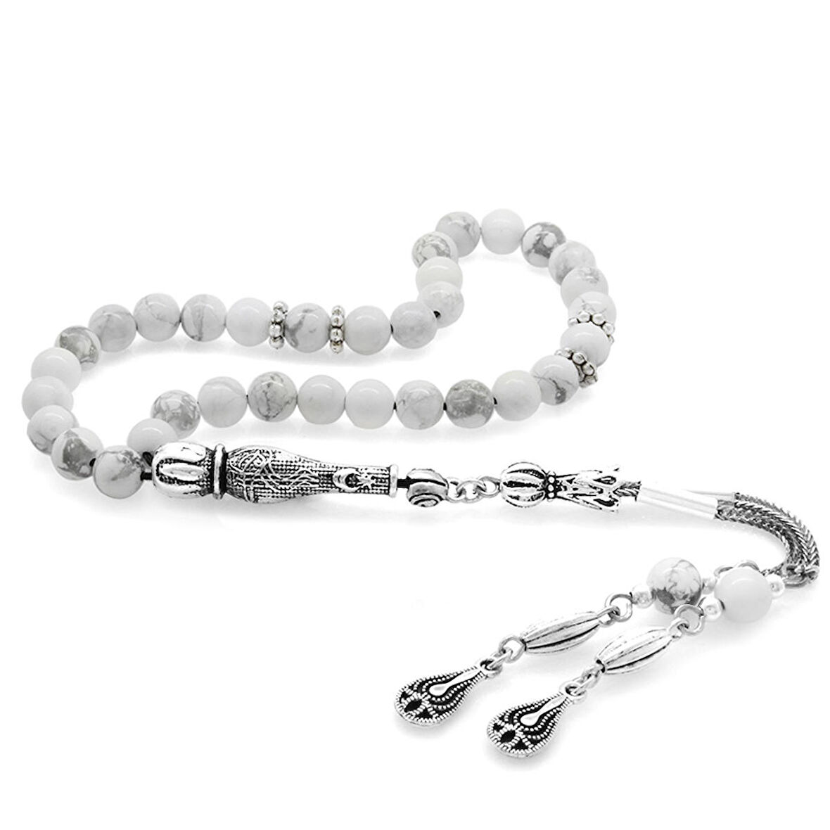 Kararmaz Metal Su Damlası Püsküllü Küre Kesim Havlit Doğaltaş Tesbih