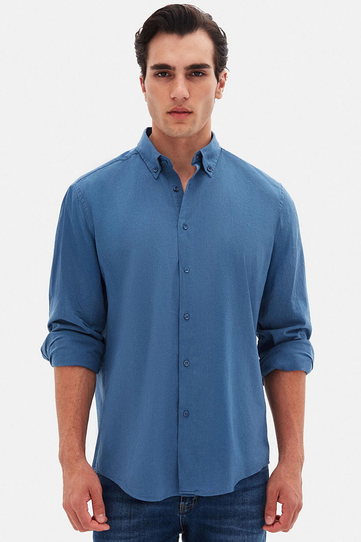 D'S Damat Ds Damat Comfort Indigo Düğmeli Yaka Rahat Kesim Keten Görünümlü  Pamuk Gömlek 2HC02ORT64265